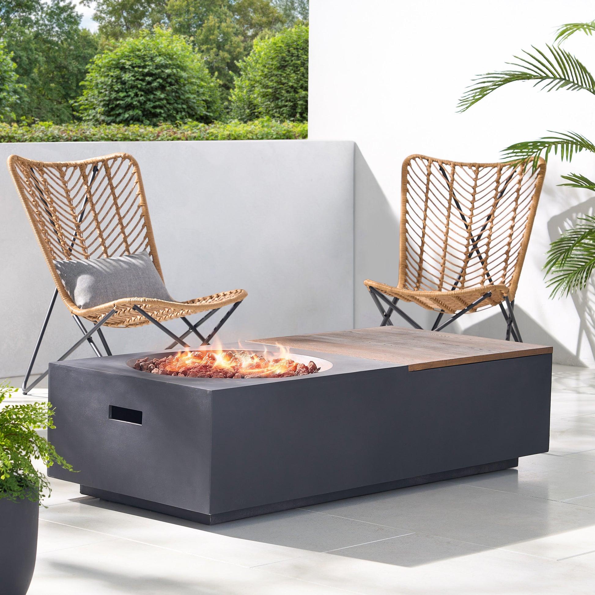Outdoor 50,000 Btu Lightweight Concrete Rectangular Fire Pit Table With Storage, Dark Gray And Natural Brown Tank Cover Not Included Dark Gray,Natural Wood Garden & Outdoor Magnesium Oxide