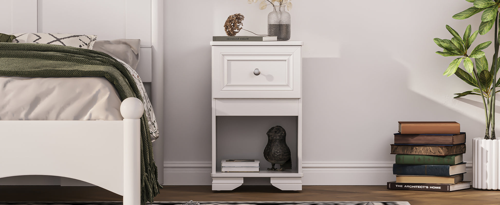 Elegant Design Nightstand With Drawer And Open Shelf For Bedroom, Retro Style Bedside Table With Classic Design And Metal Handle,White White Wood