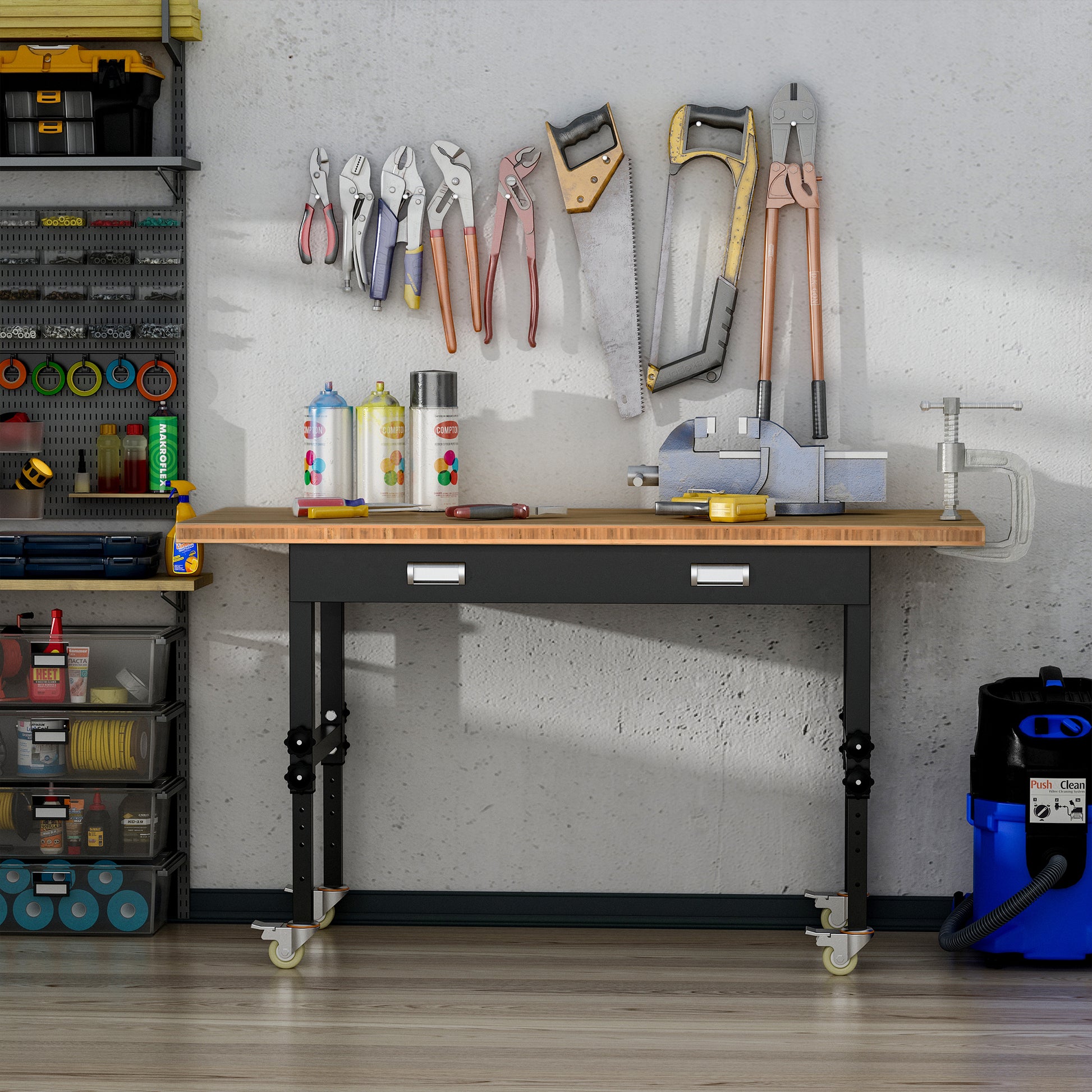 Homcom 59" Work Bench With Drawer, Height Adjustable Legs, Bamboo Tabletop Workstation Tool Table On Wheels For Garage, Weight Capacity 1320 Lbs, Black Natural Natural Wood Bamboo