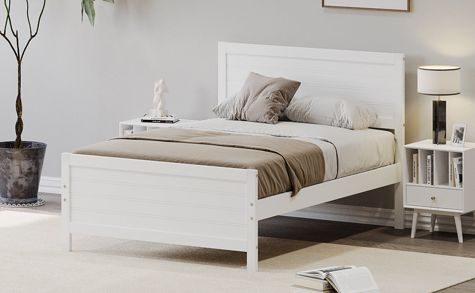 Wood Platform Bed Frame With Headboard, Mattress Foundation With Wood Slat Support, No Box Spring Needed, Full Size, White Box Spring Not Required Full White Wood Solid Wood Mdf