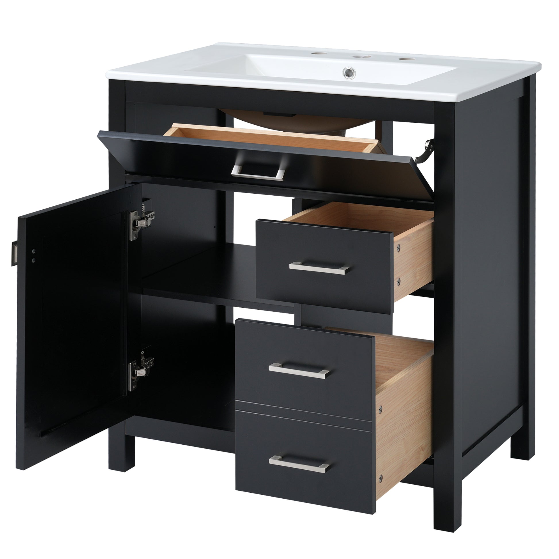 30 Inch Black Bathroom Vanity With Ceramic Sink And Large Storage Ideal Choice For Small Bathrooms Black Bathroom Solid Wood Mdf