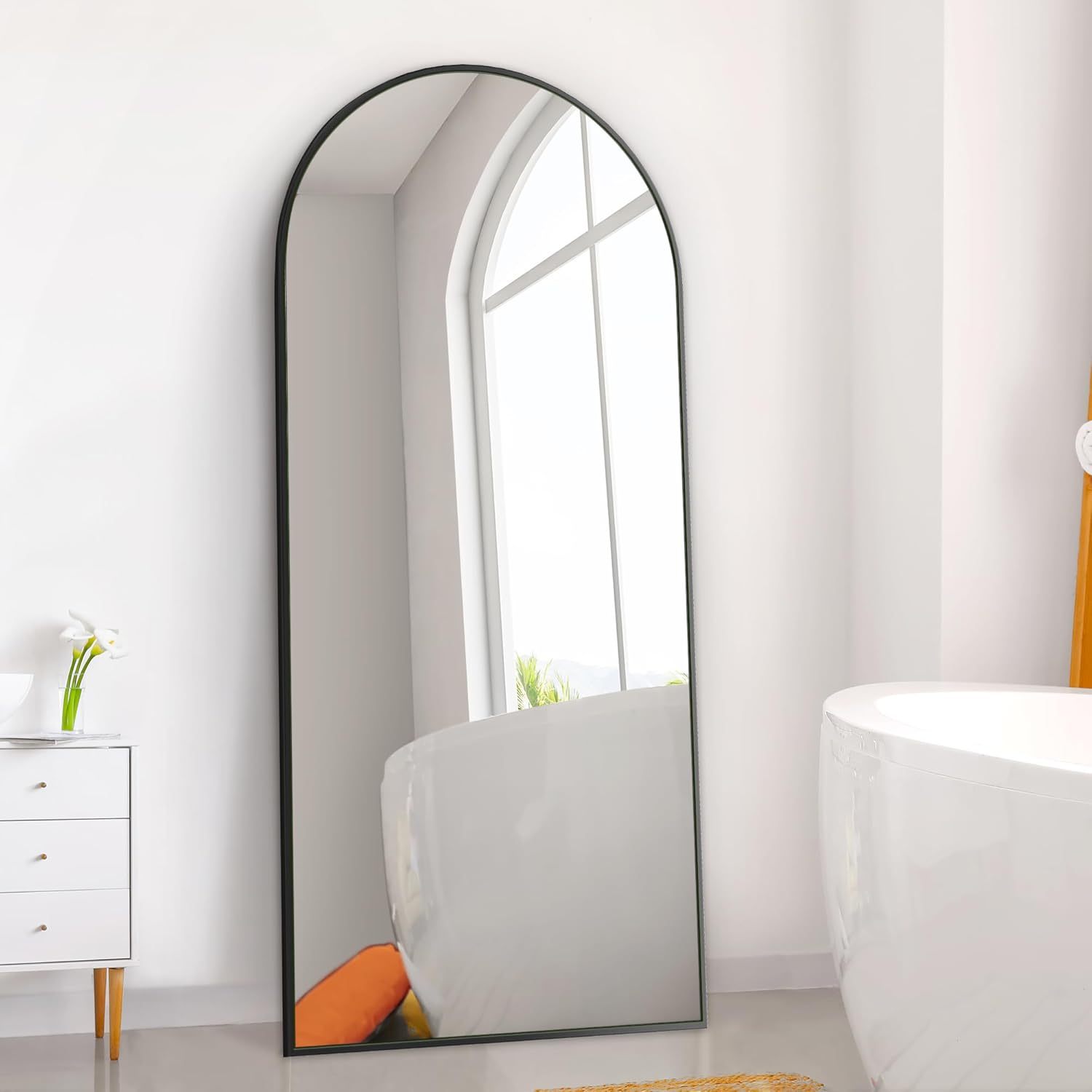 Dolonm 65X22 Inch Arch Full Length Mirror, Modern Design Standing Floor Mirror, Full Body Mirror For Living Room, Bedroom, Bathroom, Cloakroom, Hallway, Black Wooden Frame Black Mirror