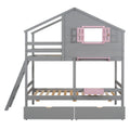 Twin Over Twin Bunk Bed With 2 Drawers, 1 Storage Box, 1 Shelf, Window And Roof Gray Old Sku:Lt001608Aae Twin Gray Solid Wood