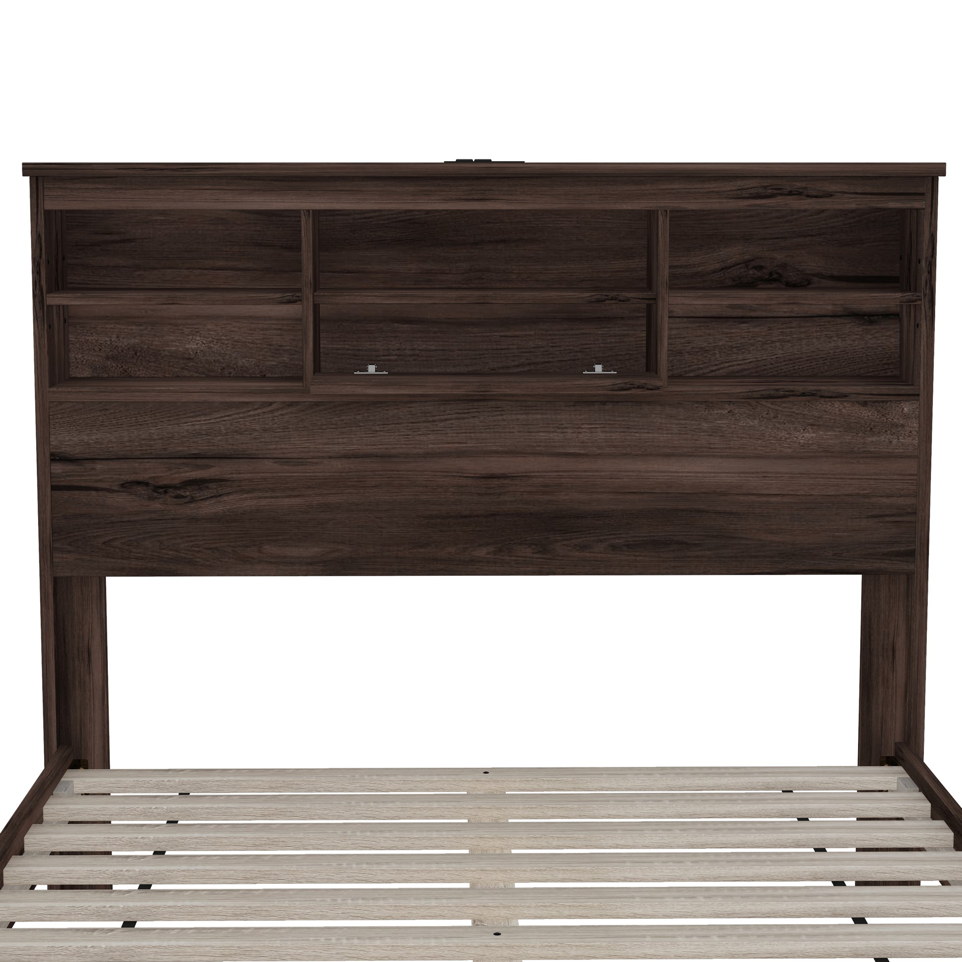 Queen Size Wooden Platform Bed With Storage Headboard,American Country Style Bed With Usb Charging Ports,Dark Walnut Queen Walnut American Traditional Mdf