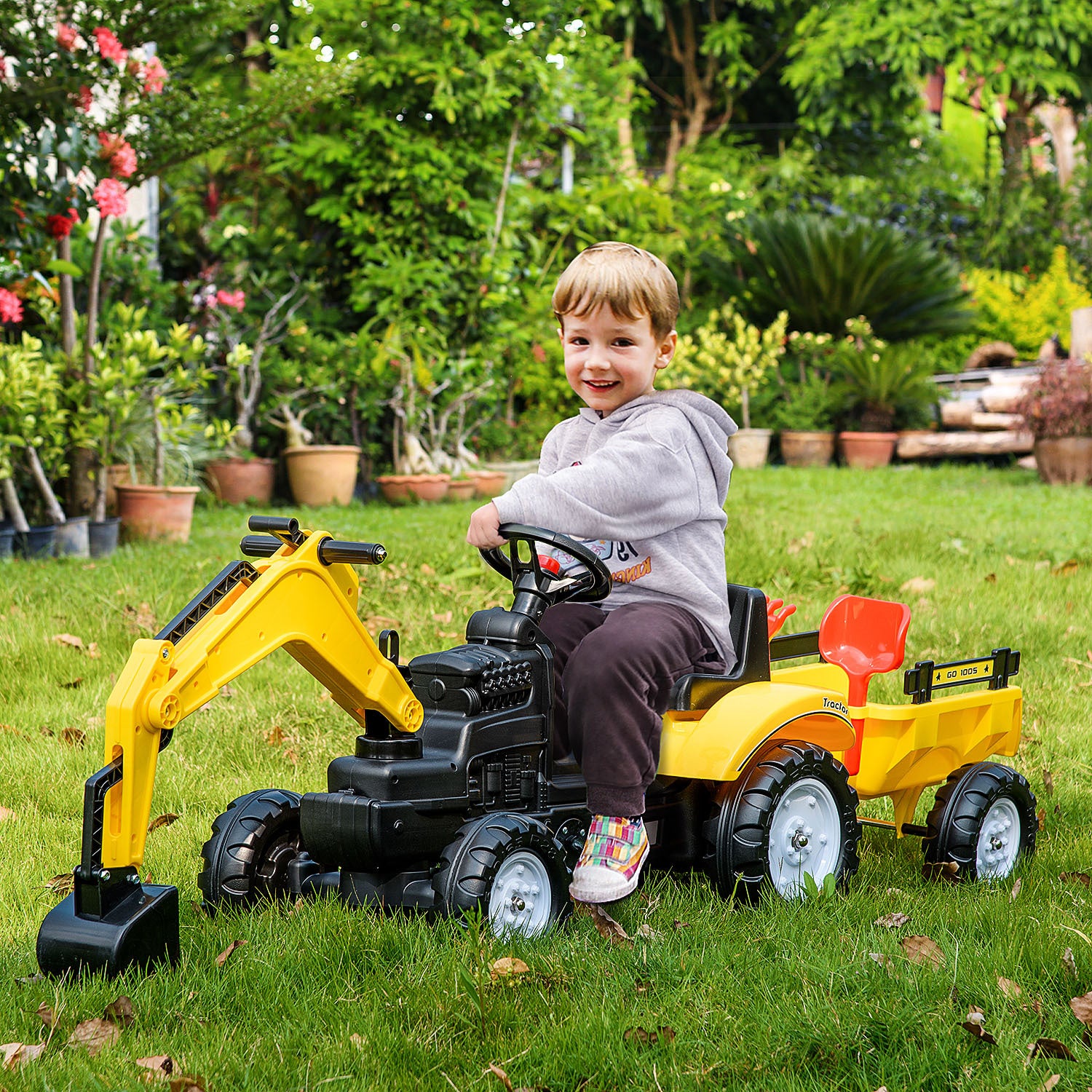 Aosom Digger Ride On Truck Kids Car With Horn, Excavator Ride On Toy, Imaginative Toy Construction Car, 6 Wheels & Detachable Trailer, Yellow Yellow Iron Plastic