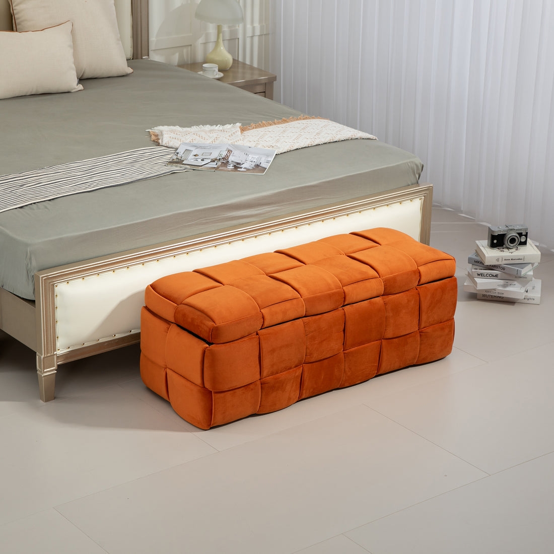 Coolmore Storage Ottoman,Bedroom End Bench,Upholstered Fabric Storage Ottoman With Safety Hinge, Entryway Padded Footstool, Ottoman Bench For Living Room & Bedroom Orange Orange Velvet Black Rubberwood Wood Internal Storage Foam Velvet