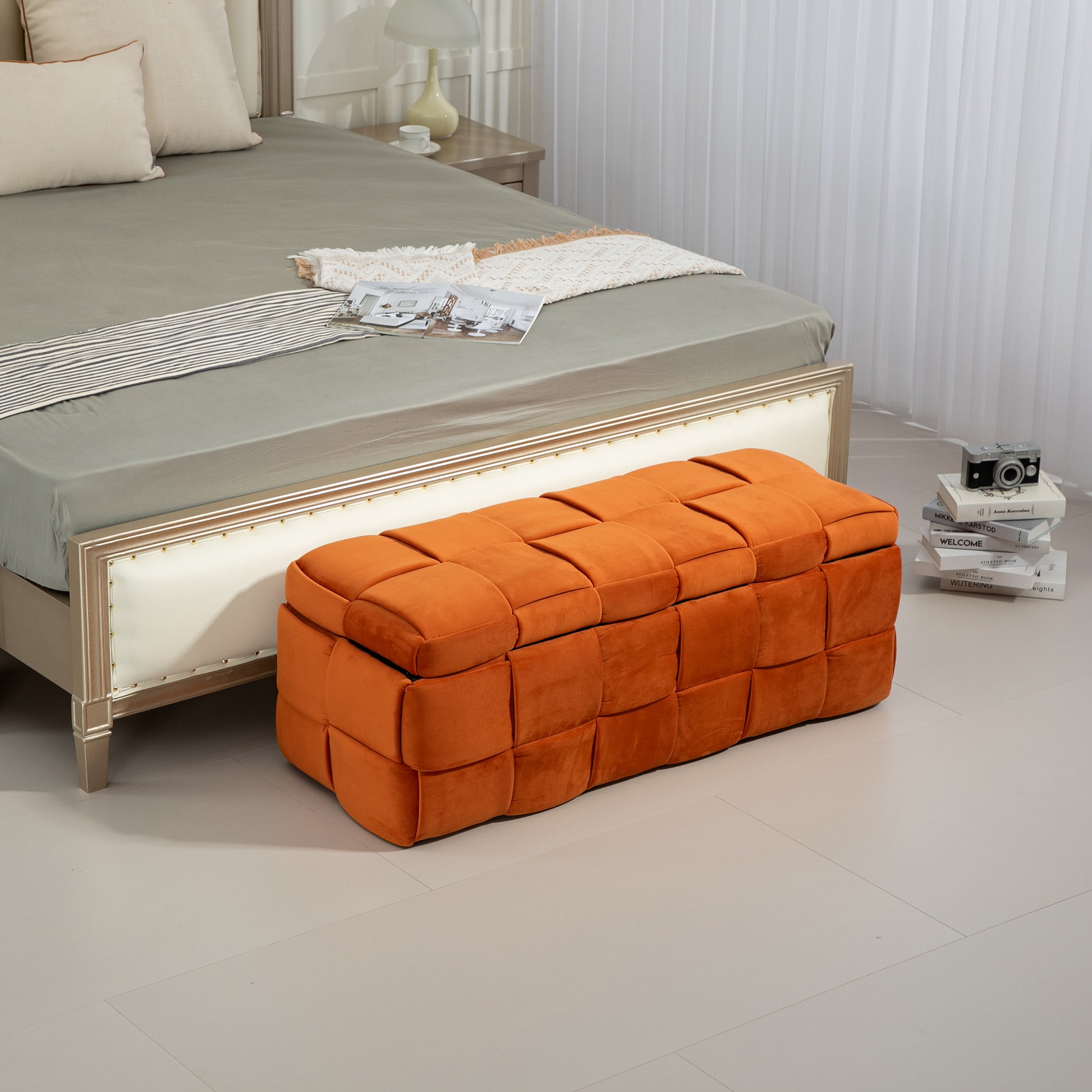 Coolmore Storage Ottoman,Bedroom End Bench,Upholstered Fabric Storage Ottoman With Safety Hinge, Entryway Padded Footstool, Ottoman Bench For Living Room & Bedroom Orange Orange Velvet Black Rubberwood Wood Internal Storage Foam Velvet