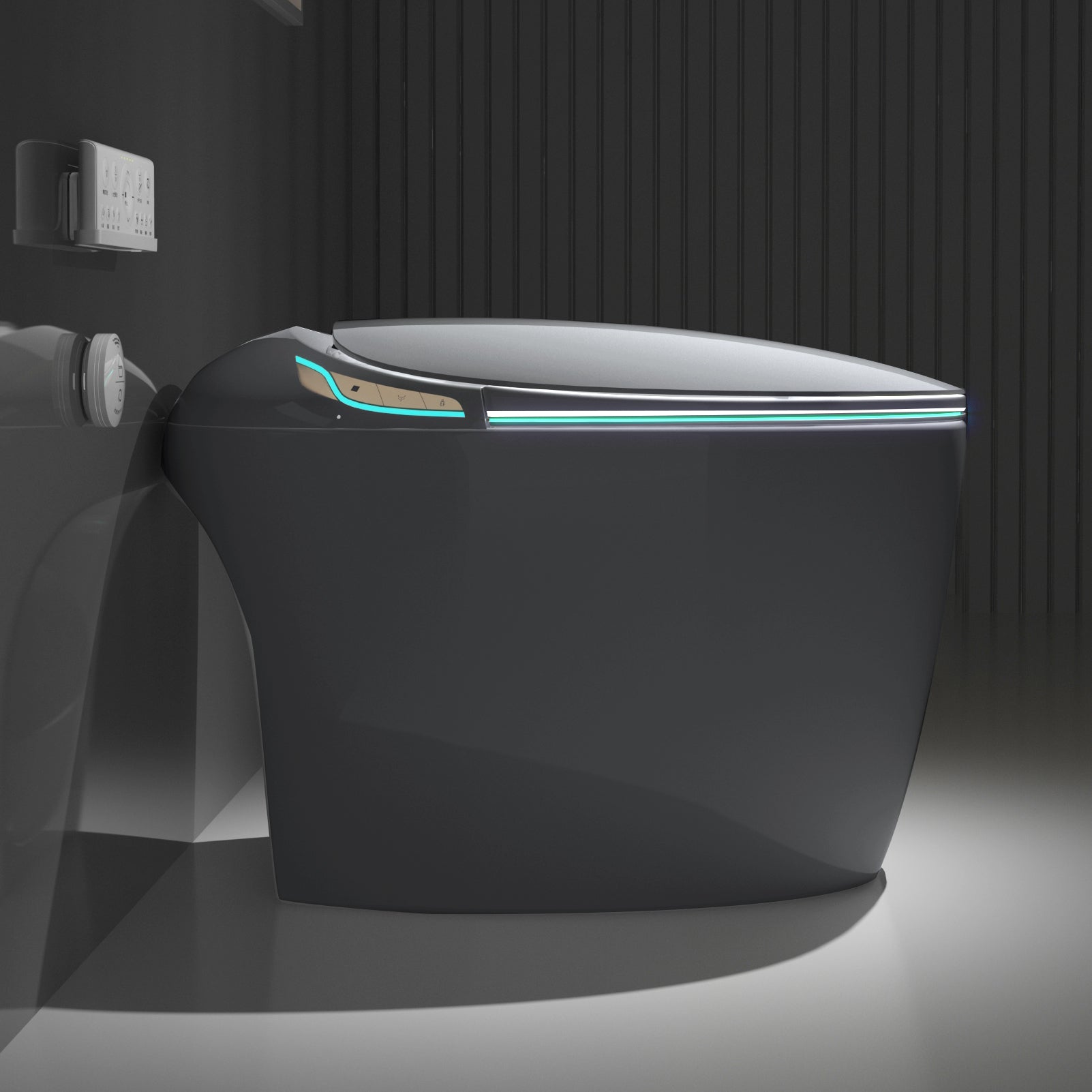 Unique Smart Toilet With Bidet Built In, Intelligent One Piece Toilet For Modern Bathroom, Auto Open Close Seat, Foot Sensor, Led Display,Night Light, Warm Water & Dryer,Grey Grey Bathroom Porcelain