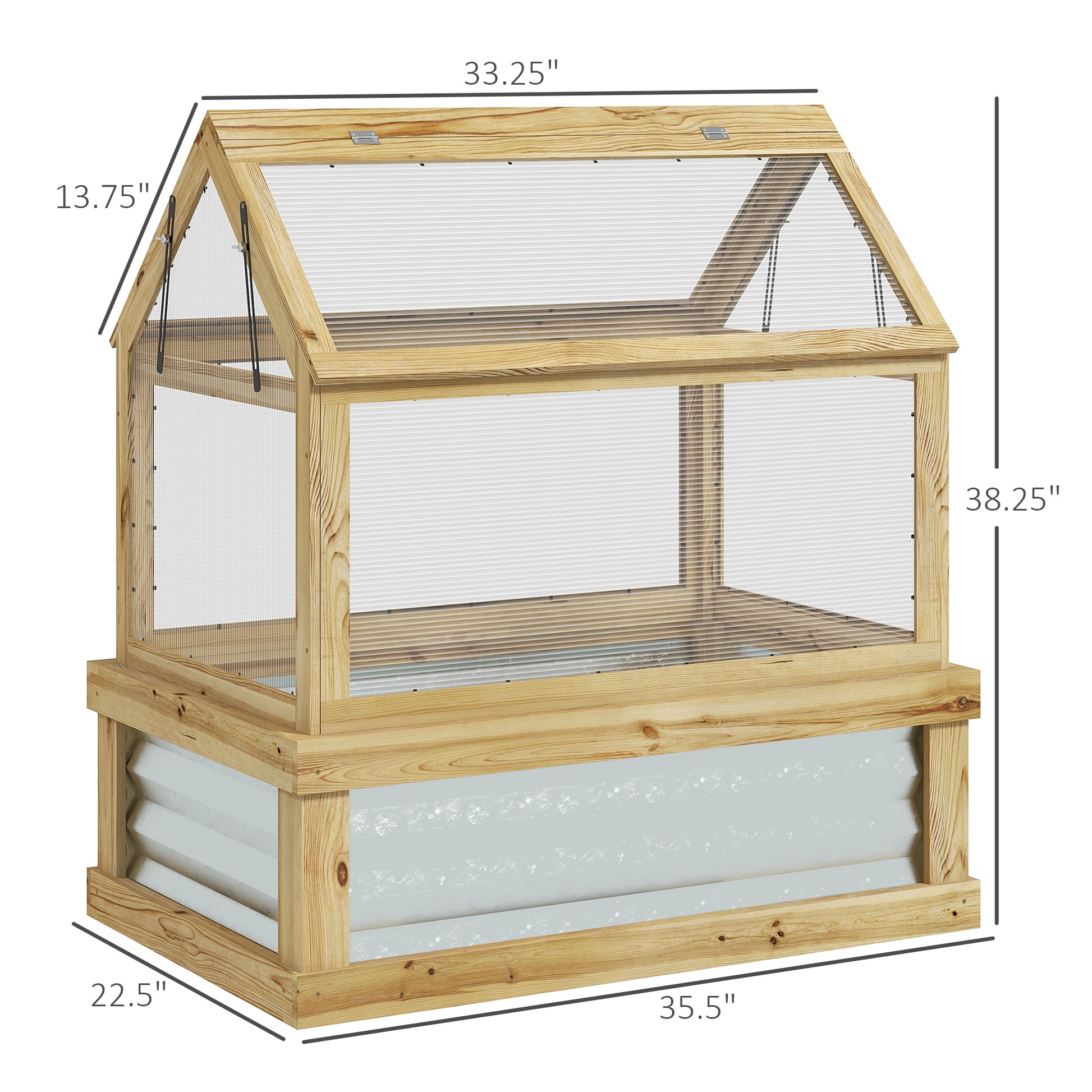 Outsunny Raised Garden Bed With Polycarbonate Greenhouse, Wooden Cold Frame Greenhouse, Garden Flower Planter Protection, Peak Roof, 35.5" X 22.5" X 38.25", Natural Natural Wood Wood