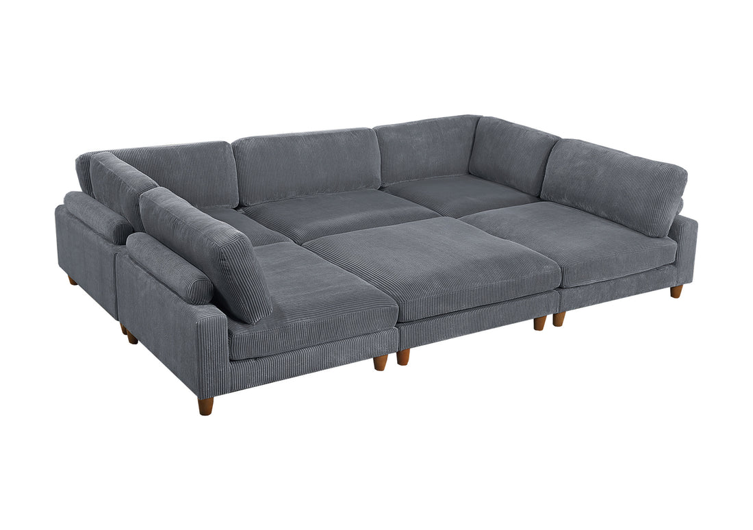 Contemporary Dark Gray 6Pc Modular Sectional Set Corduroy Upholstery Couch 2X Corner Wedge, 3X Armless Chairs 1X Ottoman Living Room Dark Gray Primary Living Space Cushion Back Contemporary,Modern Modular Rubberwood Corduroy 6 Seat