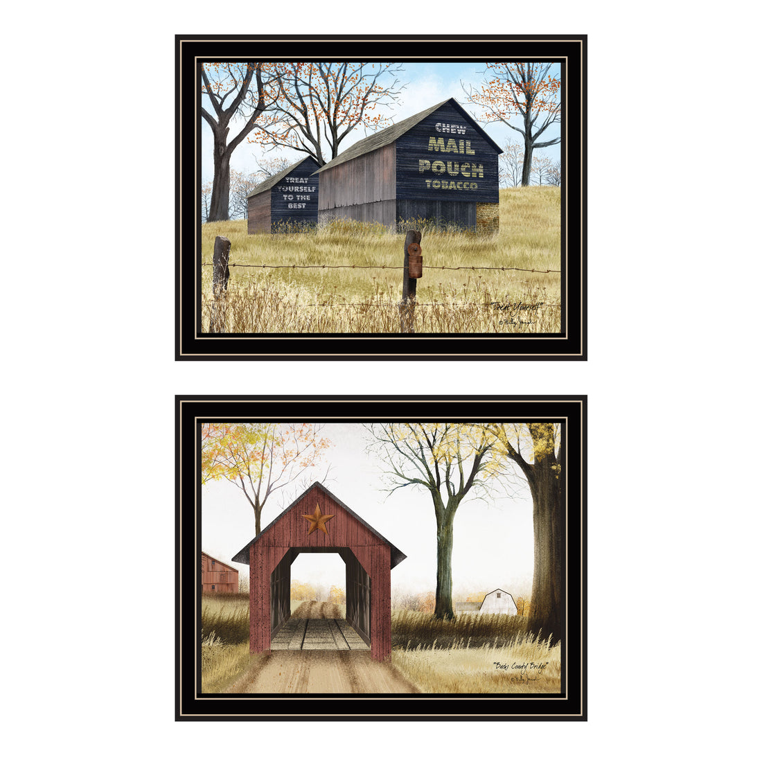 2 Piece Vignette Mail Pouch Barn & Buck County Bridge Black Framed Wall Art For Living Room, Bedroom Wall Art Print For Home Decor By Billy Jacobs Multicolor Wood Paper