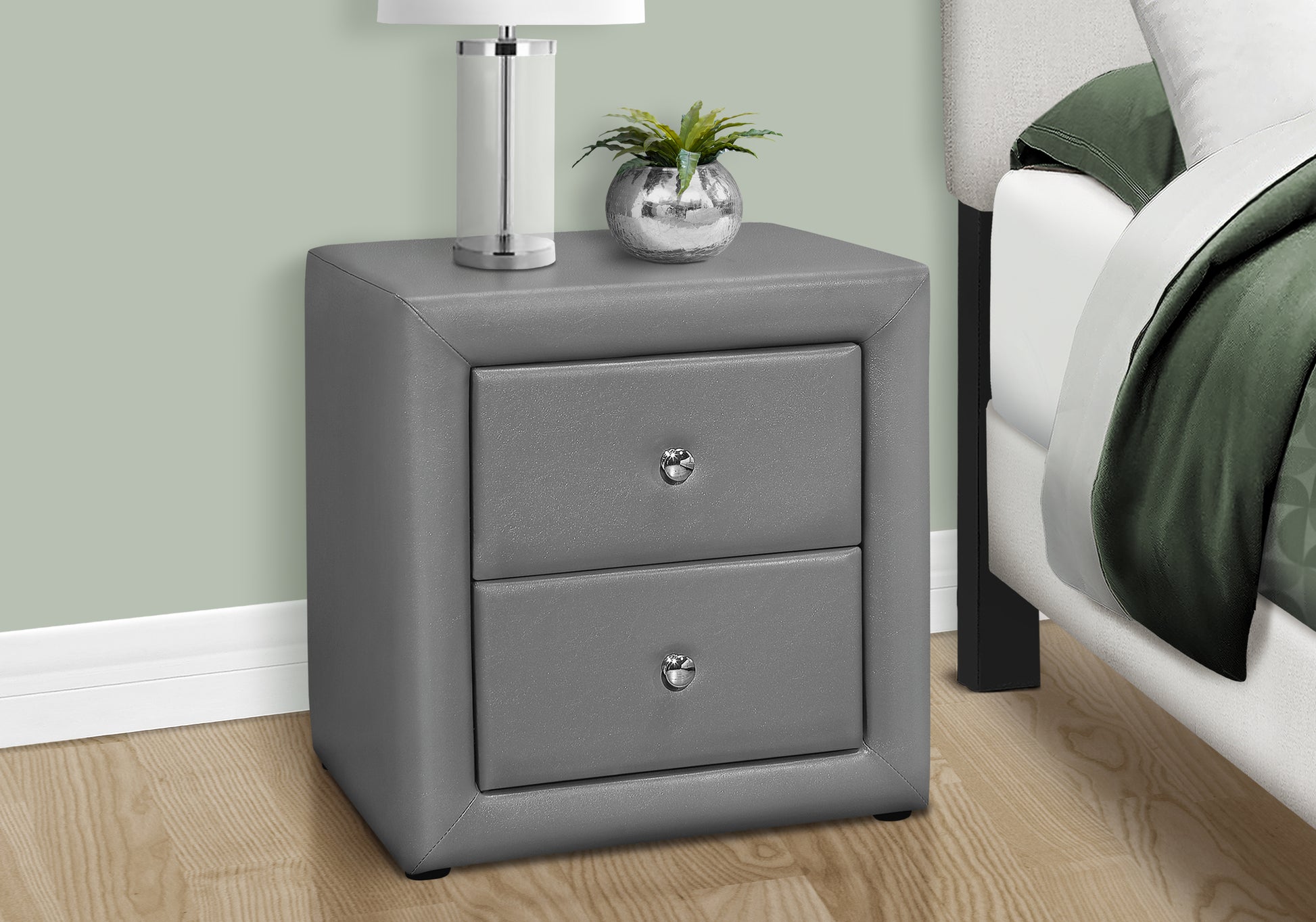 Nightstand, Nightstand, End, Side, Lamp, Storage Drawer, Bedroom, Upholstered, Grey Leather Look, Transitional Grey Mdf