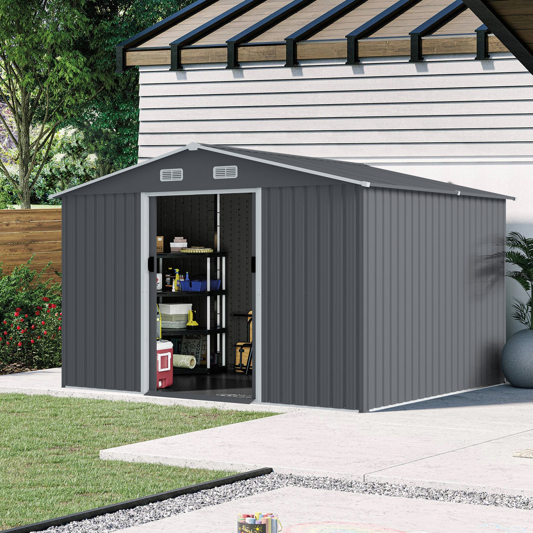 Outdoor Storage Shed 8 X 10 Ft Large Metal Tool Sheds, Heavy Duty Storage House With Sliding Doors With Air Vent For Backyard Patio Lawn To Store Bikes, Tools, Lawnmowers Grey Grey Rectangular None