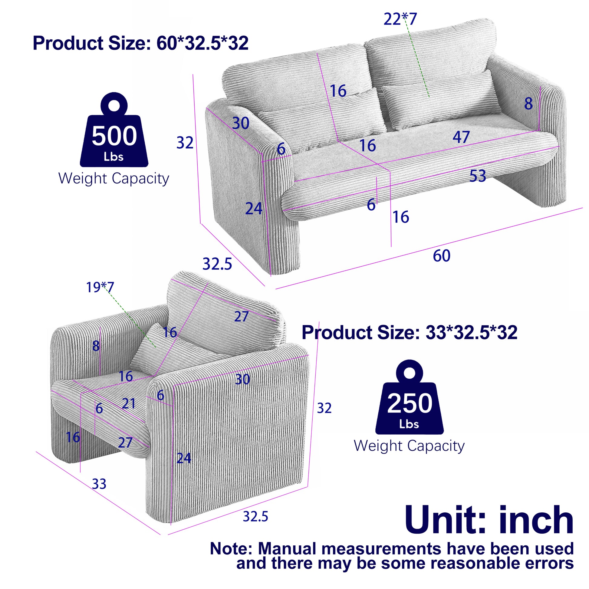 Two 60"Corduroy Fabric Sofa With 33" Single Sofa, Modern Sofa With Support Pillow, For Apartment, Office, Living Room & Bedroom Grey Corduroy 5 Seat