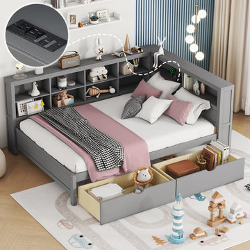 Wooden Full Size Daybed With 2 Drawers, Daybed With Storage Shelf And Usb Charging Ports,Grey Full Grey Wood