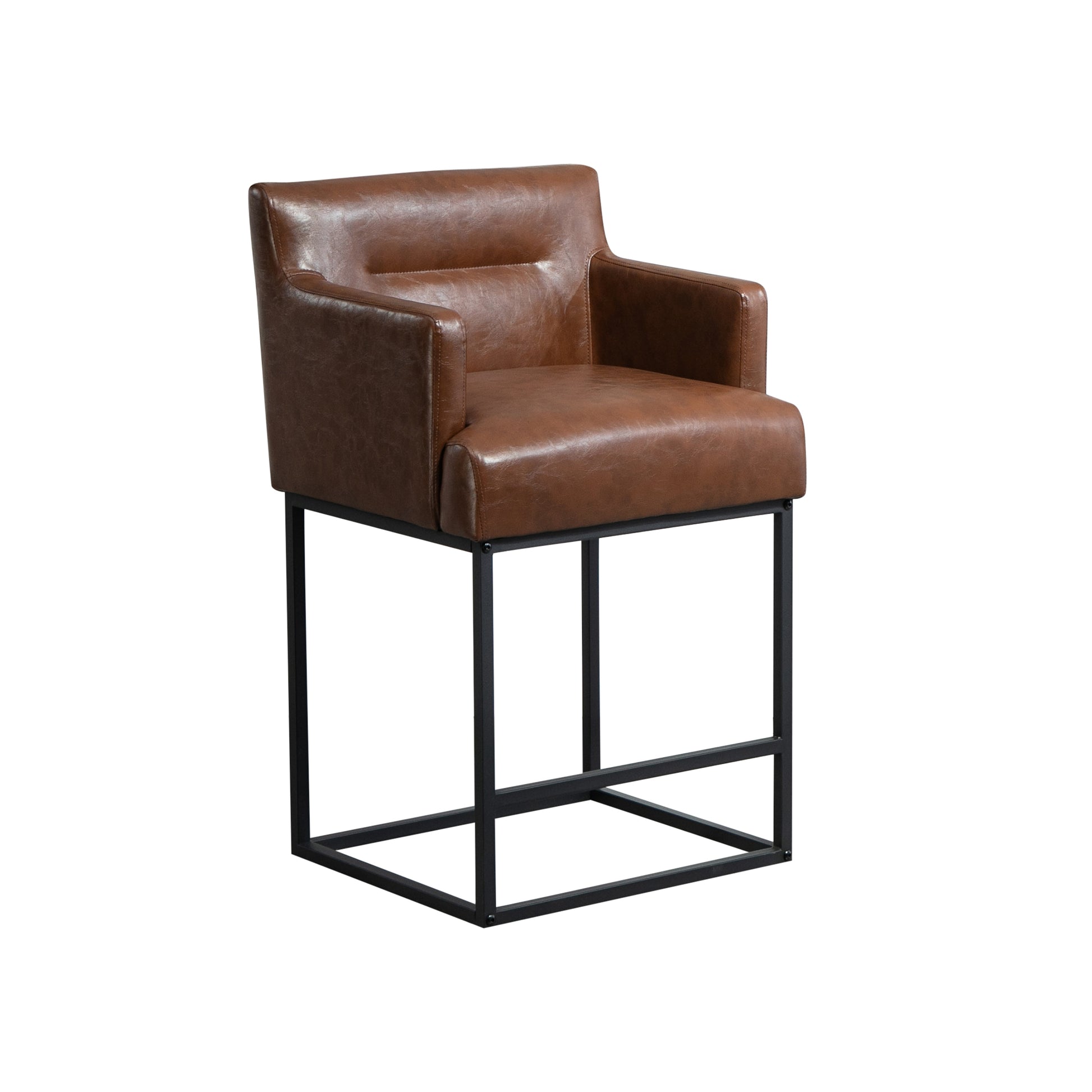 Coolmore Counter Height Bar Stools Set Of 2, Modern Barrel Bar Stool With Backrest And Arms, Black Metal Frames, Upholstered Bar Stools For Kitchen Island, Pub, Club Brown Pu Foam Pu Leather