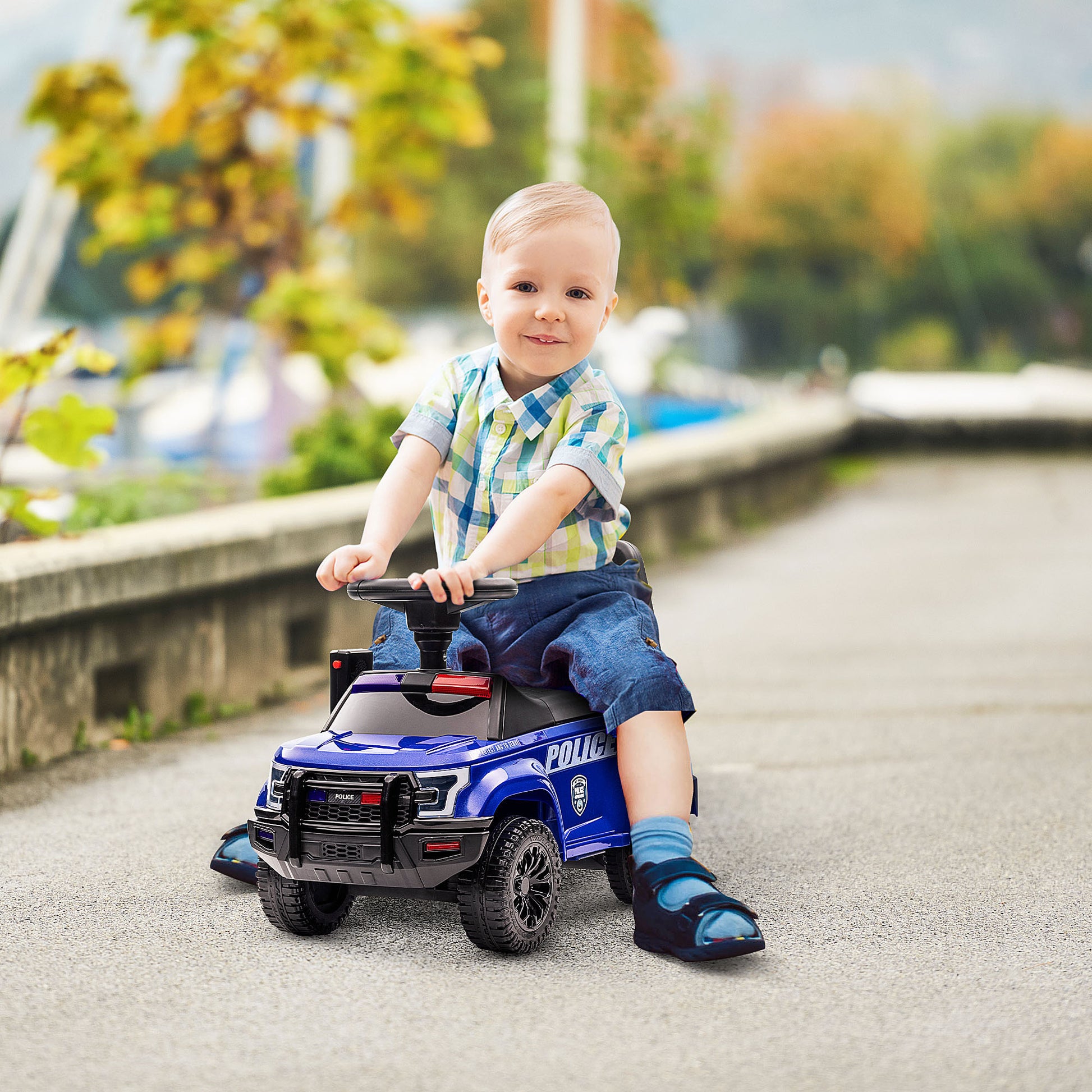 Aosom Kids Push Ride On Car With Working Pa System And Horn, Police Truck Style Foot To Floor Sliding Car For Boys And Girls With Under Seat Storage, For 18 Months To 5 Years Old, Blue Blue Plastic