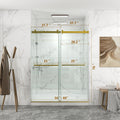 56 To 60'' W X 76'' H Frameless Shower Door, Double Sliding Shower Door With Premium 3 8'' 10Mm Thick Tempered Glass, Stainless Steel, Brushed Gold Brushed Gold Bathroom Modern Tempered Glass