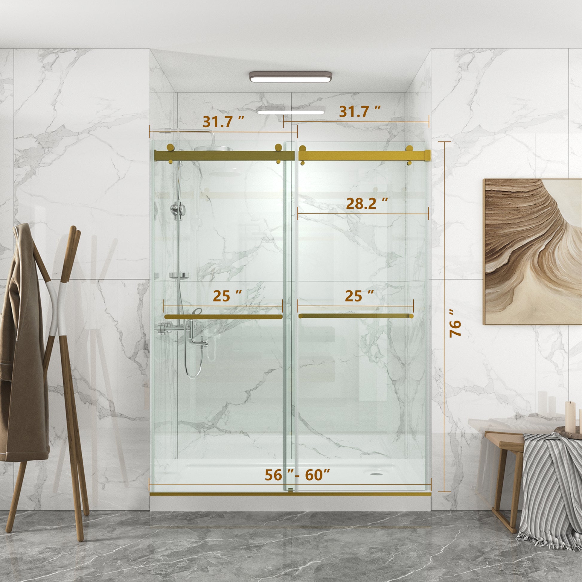 56 To 60'' W X 76'' H Frameless Shower Door, Double Sliding Shower Door With Premium 3 8'' 10Mm Thick Tempered Glass, Stainless Steel, Brushed Gold Brushed Gold Bathroom Modern Tempered Glass