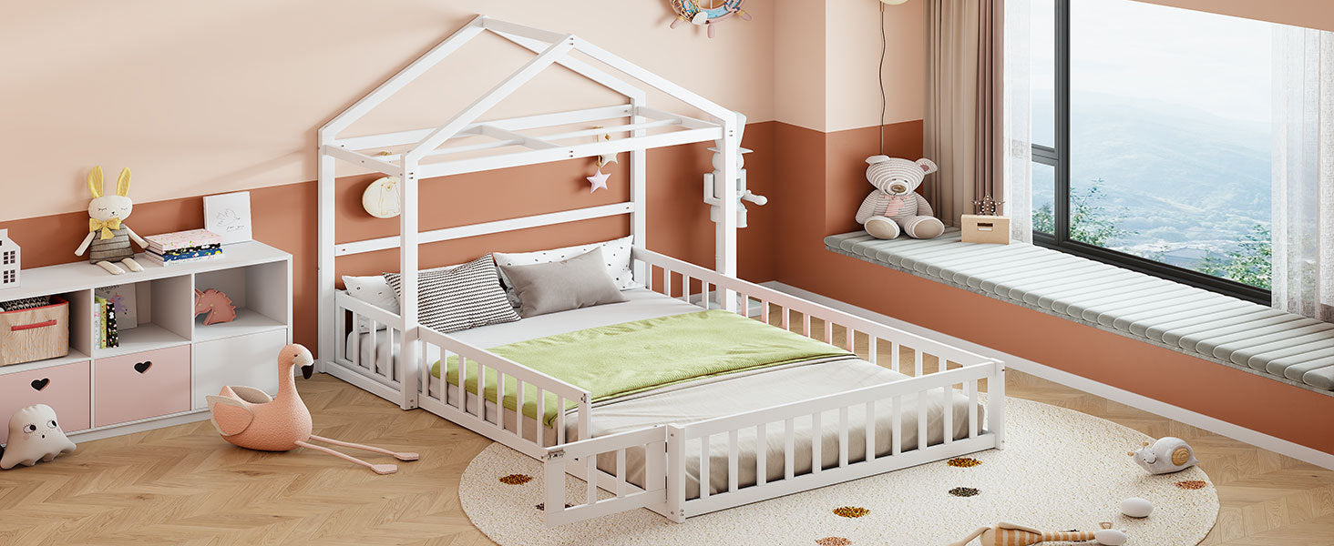 Wooden Floor Bed With Fence Railings And Detachable House Shape Headboard, Full Size Bed With Kids Dress Up Rack, Kids Montessori Style Playhouse Frame For Girls Boys, White Full White Wood