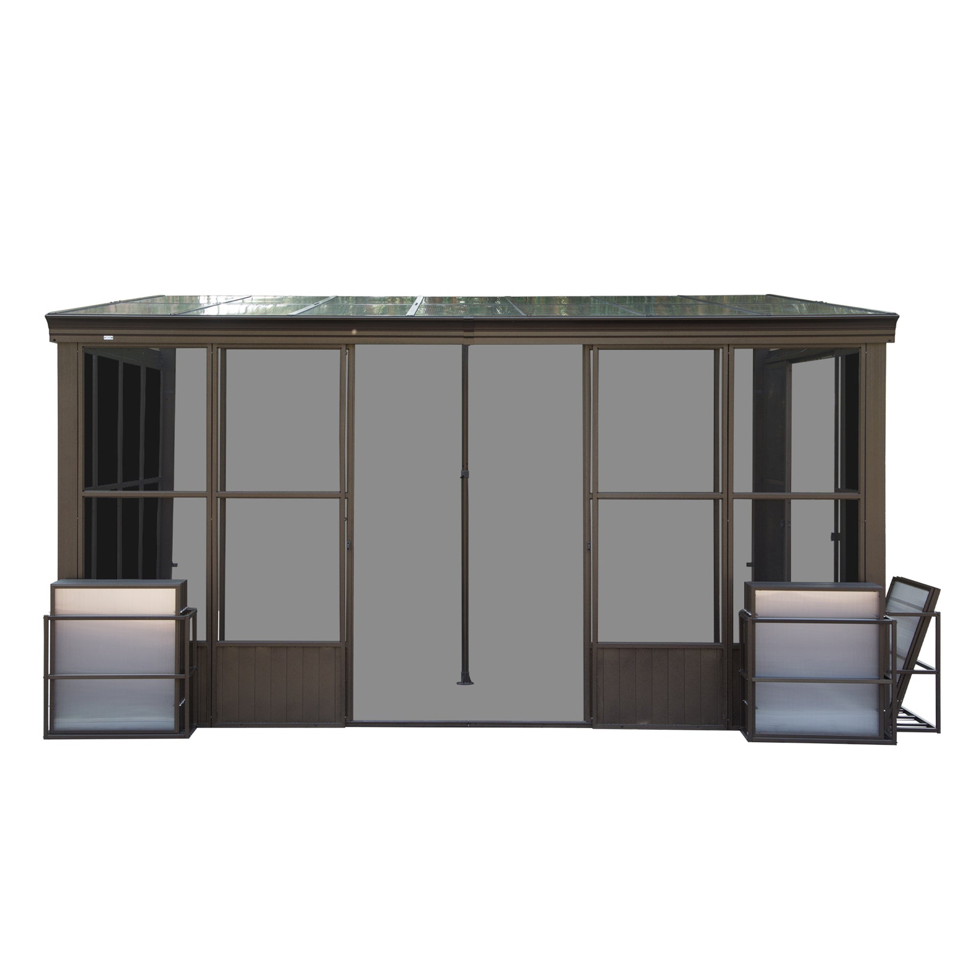 12X14Ft All Season Sunroom, Outdoor Permanent Wall Mounted Solarium With Detachable Polycarbonate Windows, Aluminum Lean To Gazebo Sun Room With 2 Lockable Sliding Doors For Garden Patio Deck Dark