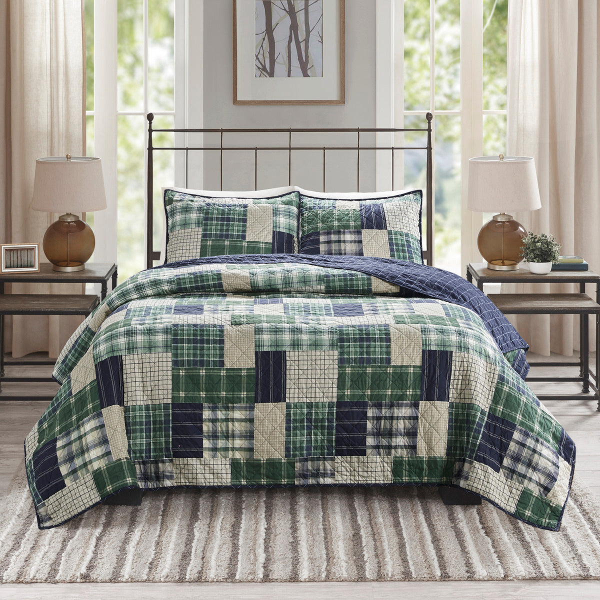 3 Piece Reversible Printed Quilt Set Green Navy King Cal King Green Navy Microfiber