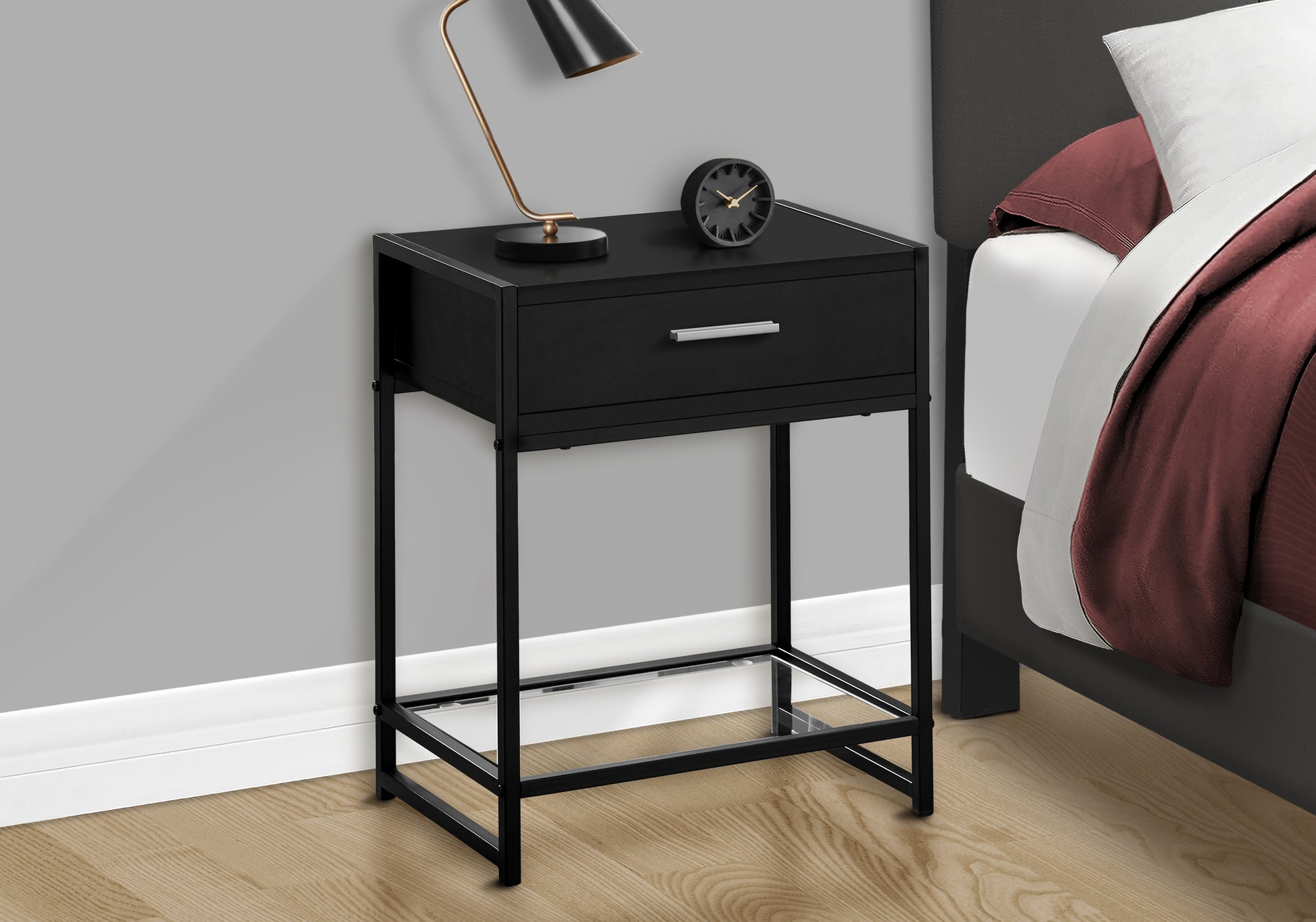 Accent Table, Side, End, Nightstand, Lamp, Storage Drawer, Living Room, Bedroom, Black Laminate, Black Metal, Contemporary, Modern Black Mdf