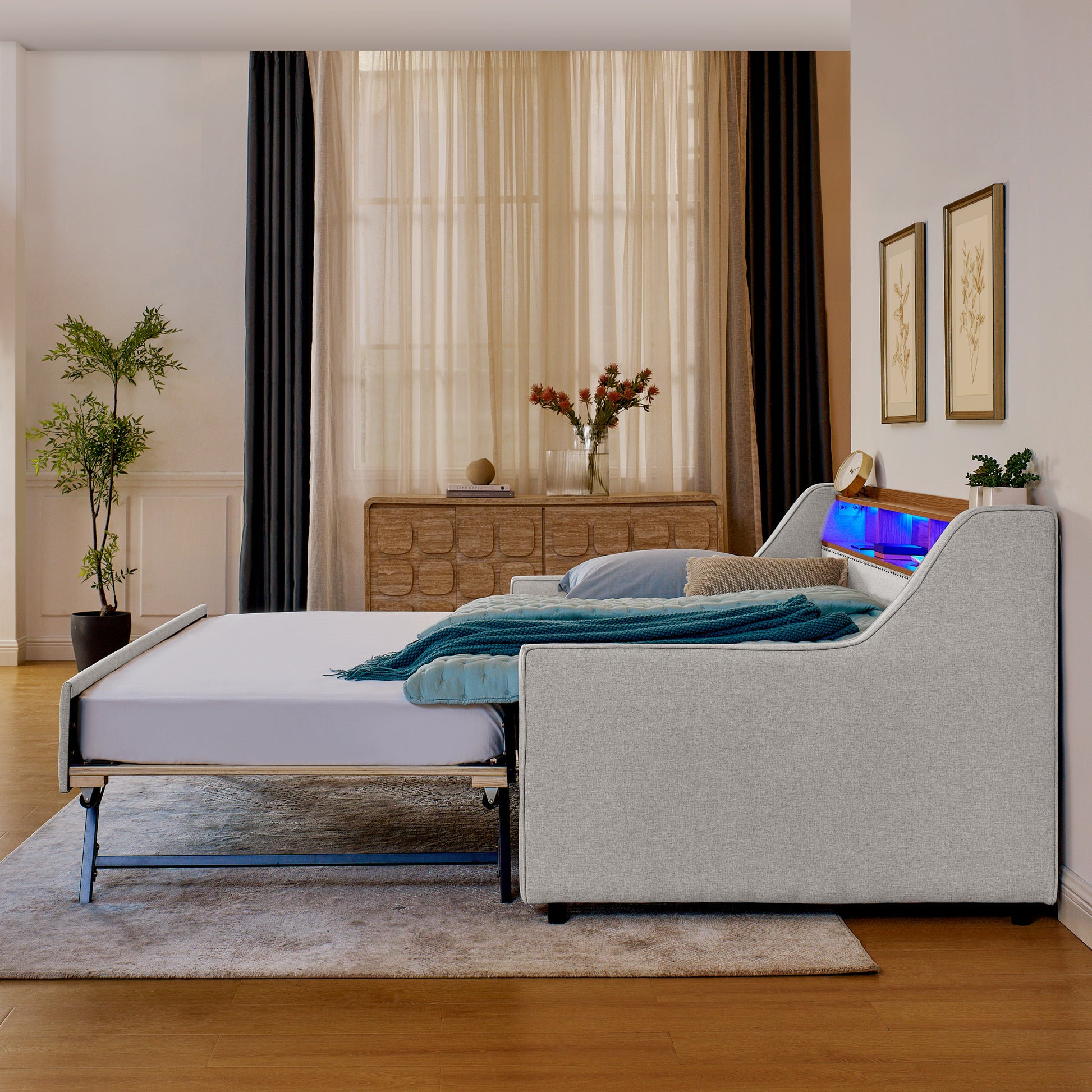 Twin Size Upholstery Sofa Bed With Three Led Lights, With Storage Adjustable Headboard, With Foldable Leg Pull Up Trundle Bed And Wireless Charging, Linen Padded Sofa Bed Frame, Beige Box Spring Not Required Twin Beige Composite Bedroom Classic
