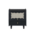 Wooden Nightstand With Rattan Woven Storage Cabinet And 1 Drawer, Exquisite Elegance With Natural Storage Solutions For Bedroom, Black Expected Arrival Time: 08.23 Black 1 Drawer Wood