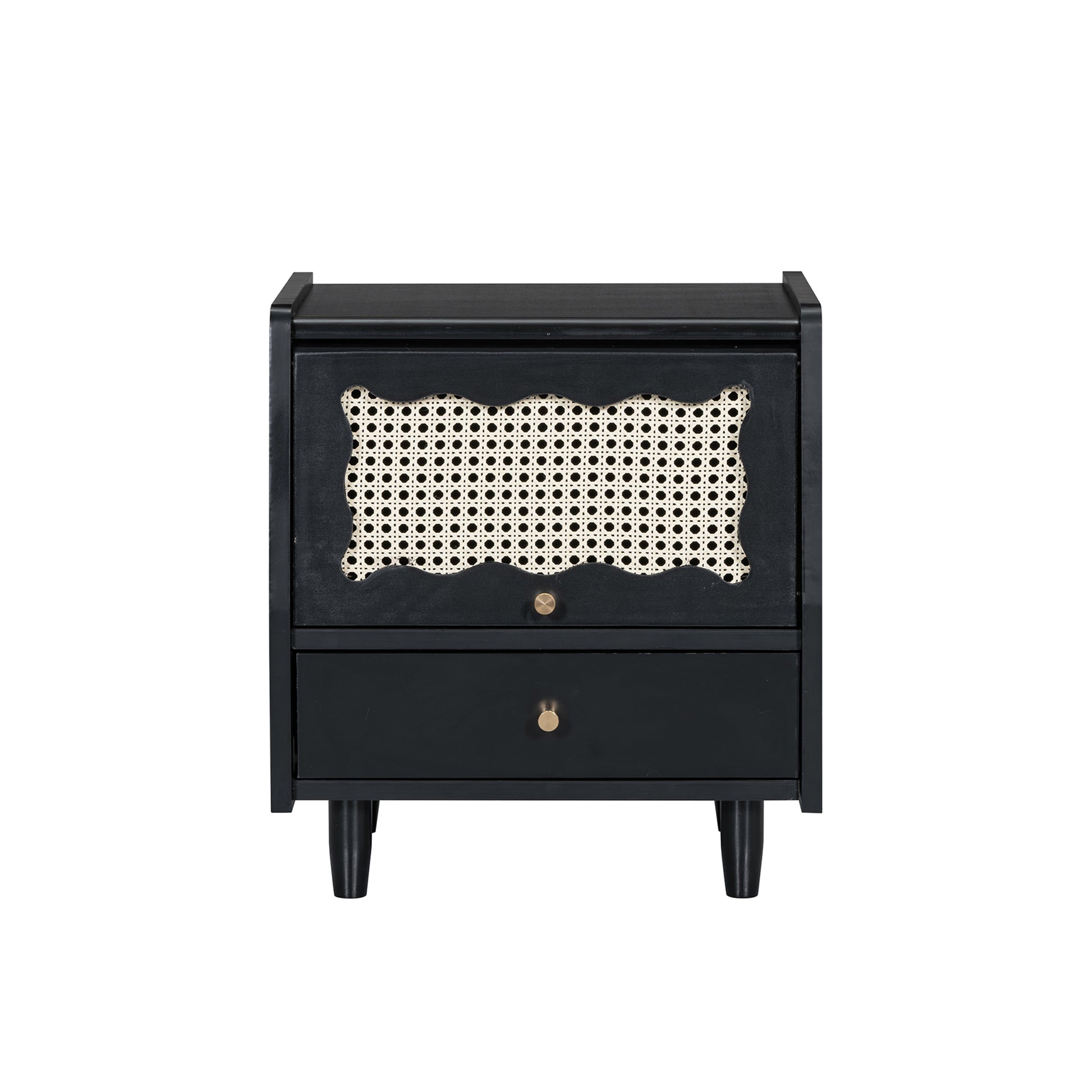 Wooden Nightstand With Rattan Woven Storage Cabinet And 1 Drawer, Exquisite Elegance With Natural Storage Solutions For Bedroom, Black Expected Arrival Time: 08.23 Black 1 Drawer Wood