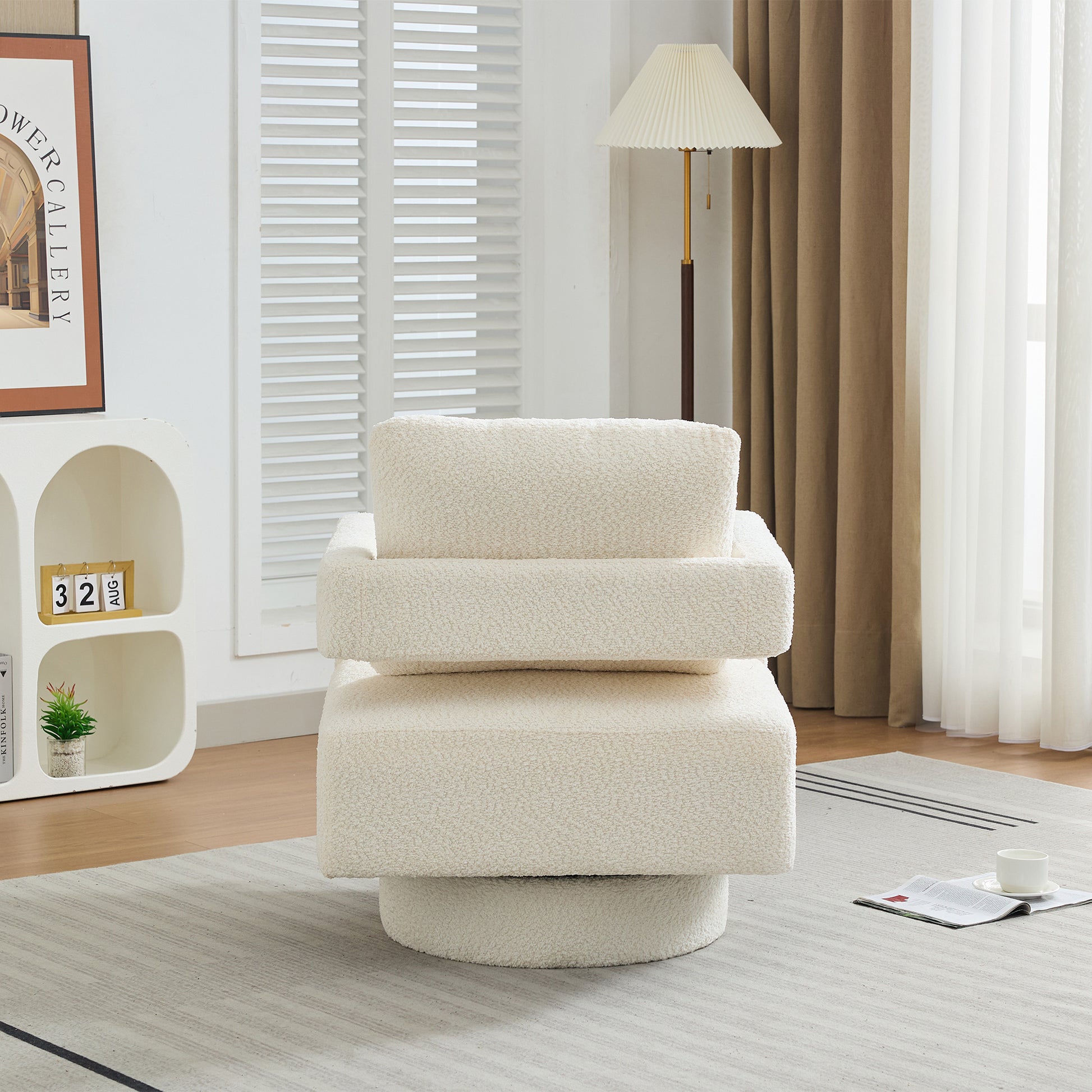 29.13" W Square Swivel Accent Chair, Modern Rotating Arm Chair With Open Back,360 Degree Rotation, Lounge Club Chair With Removable Back Cushion For Living Room, Hotel, Bed Room,Beige Beige Boucle