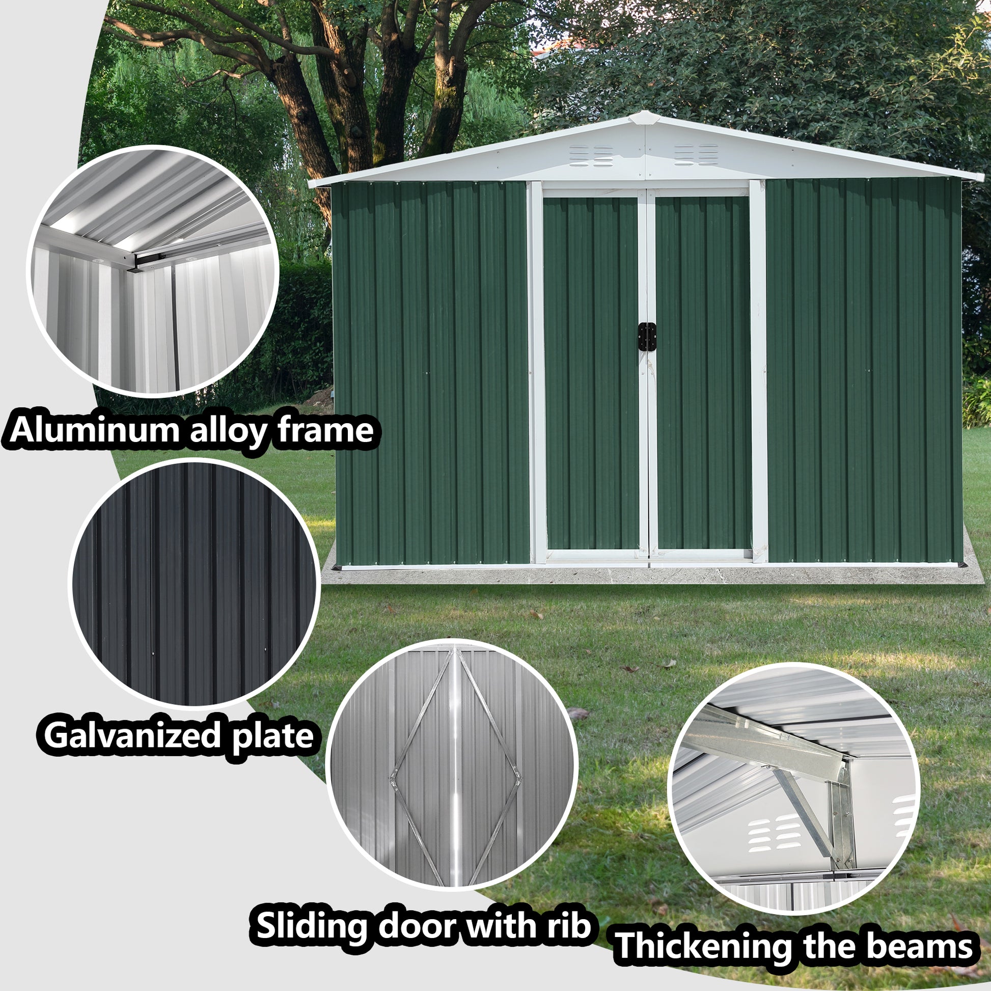 8X6 Feet Outdoor Storage Garden Shed Apex Roof Green With Aluminum Alloy Frame And Sliding Door Green Garden & Outdoor Metal