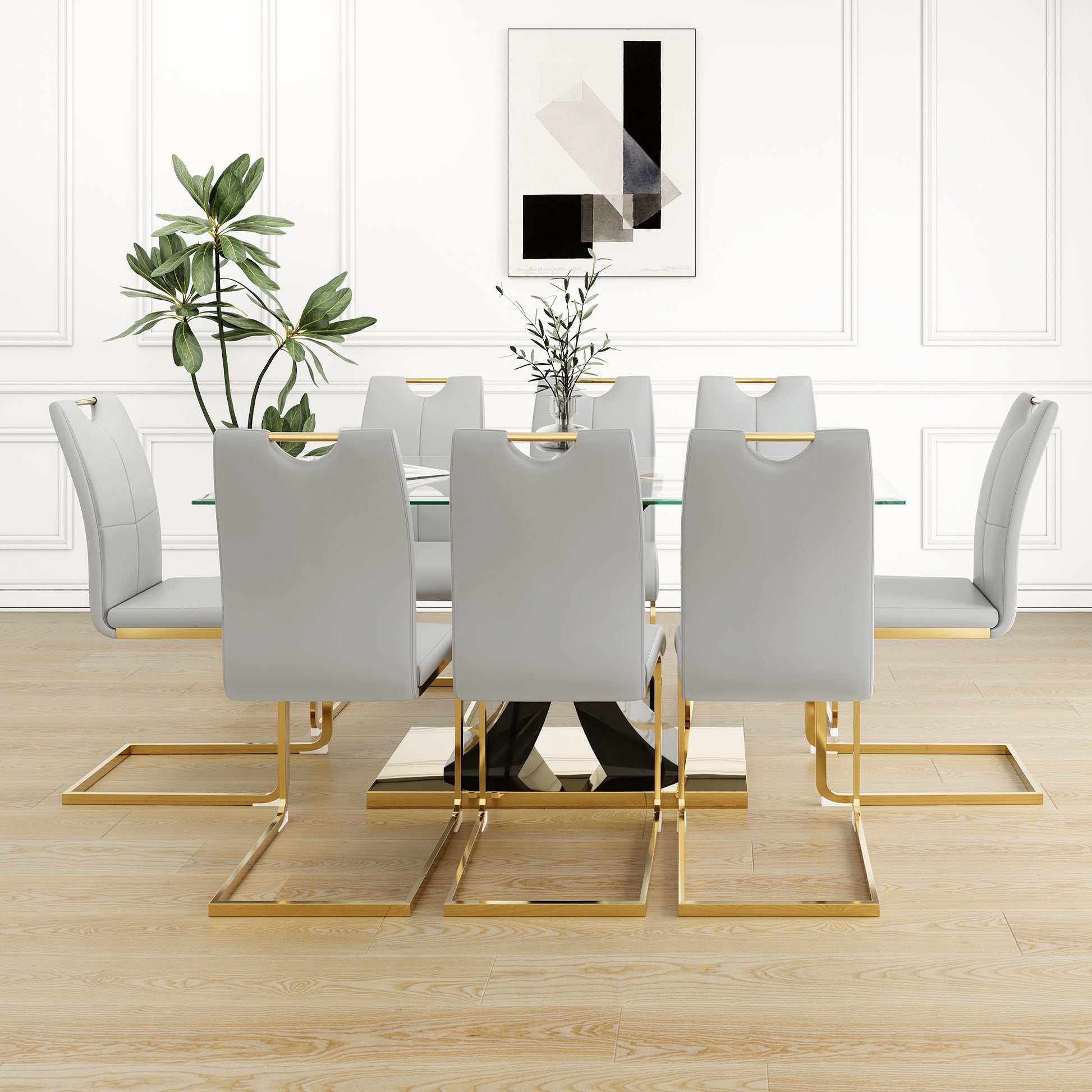 Modern Style Glass Dining Table, Elegant Transparent Design, Solid Support Base, Grey Dining Chair Set, Gold Plated Chair Legs, Suitable For Restaurant Kitchen Use Set Of 9 Grey Glass