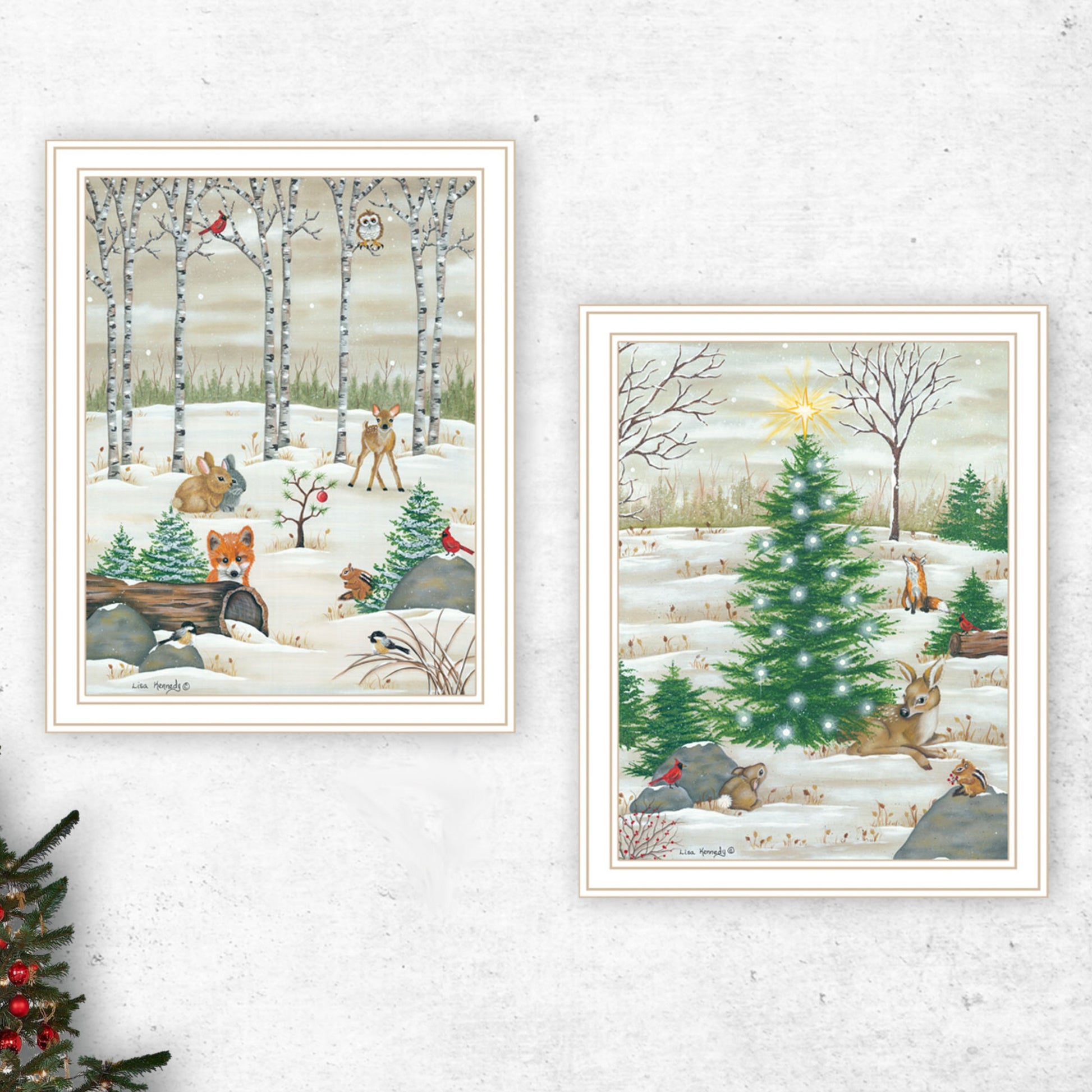 2 Piece Vignette Woodland "Critters For Christmas" White Framed Wall Art For Living Room, Bedroom Wall Art Print For Home Decor By Lisa Kennedy Multi Wood Paper