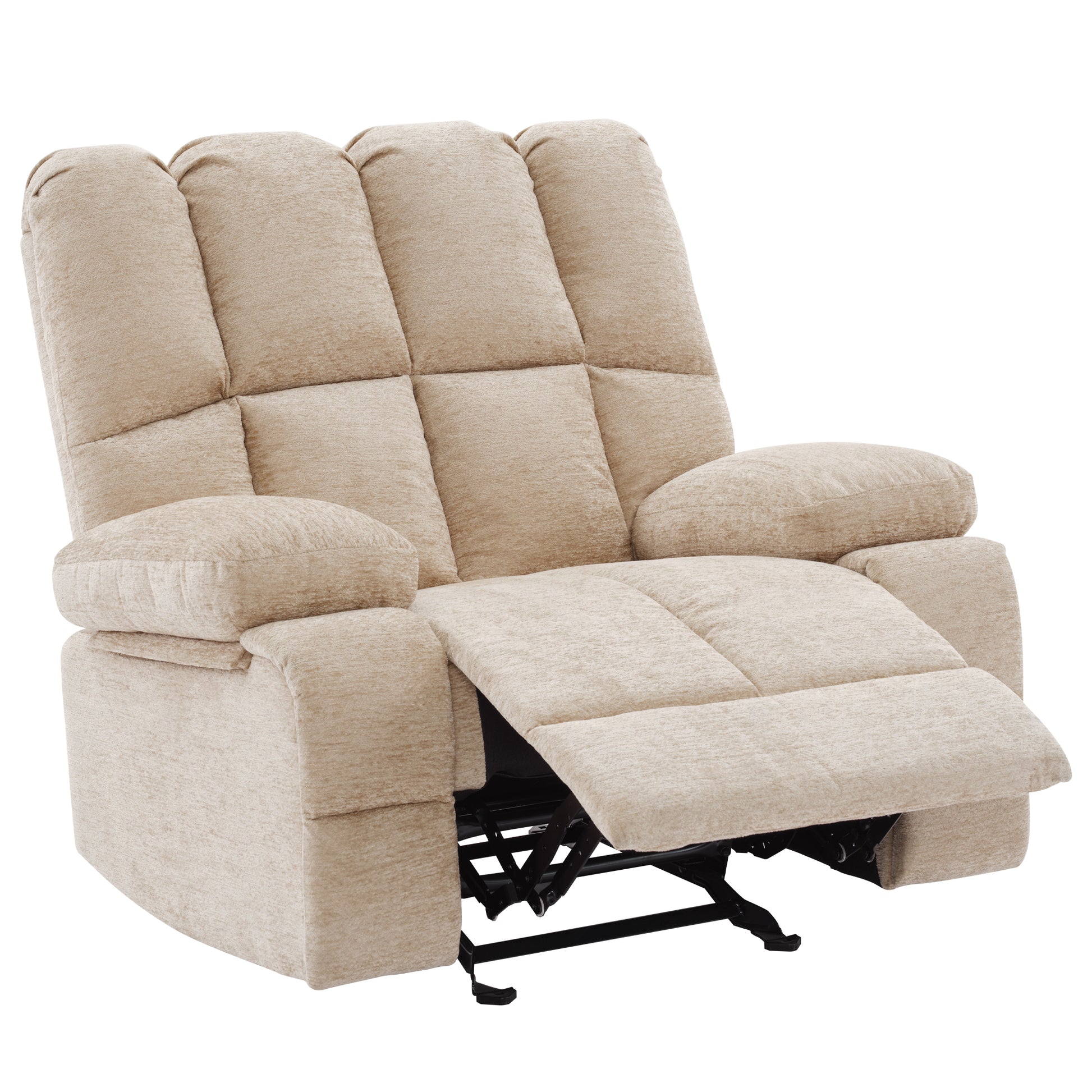 Oversize Rocker Recliner Chair For Adults, Extra Wide Rocking Recliner Chair Manual Recliner, Bid Man Recliners, Sandy Brown Wood Primary Living Space Heavy Duty Handle Acacia Light Khaki Beige