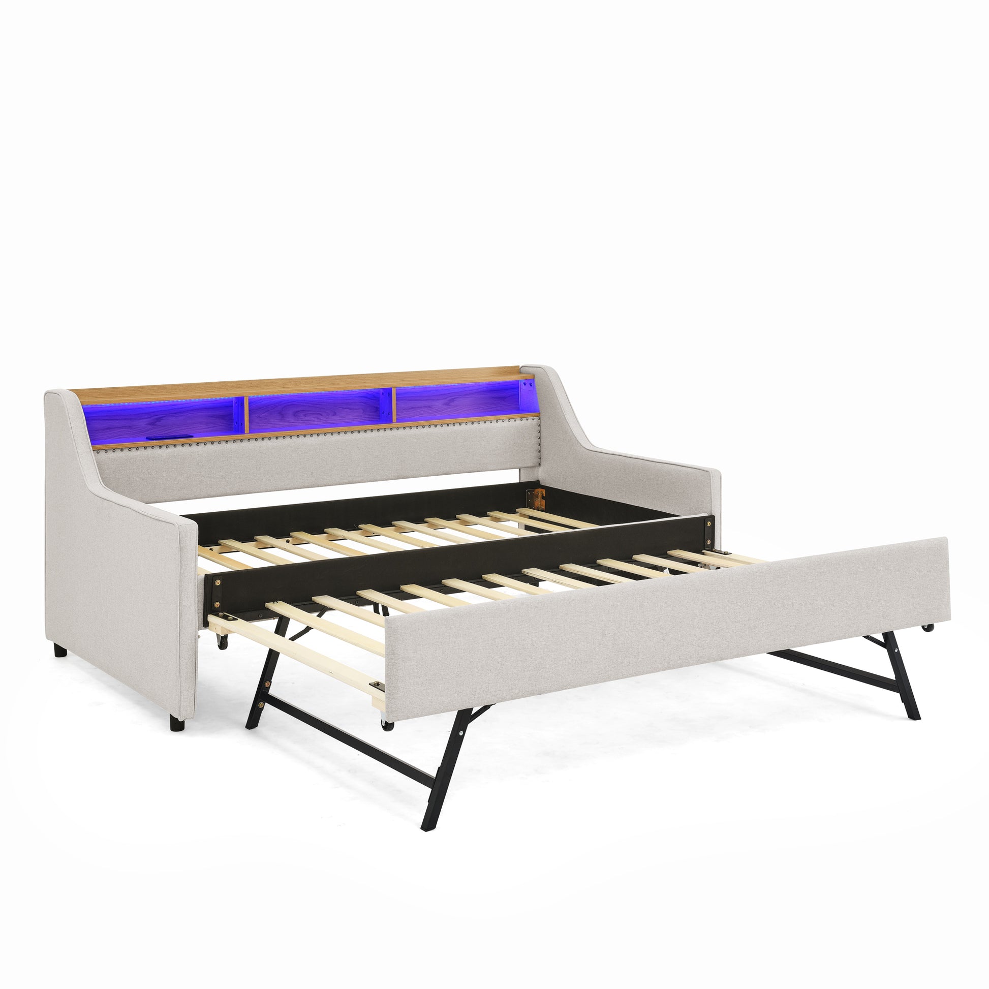 Twin Size Upholstery Sofa Bed With Three Led Lights, With Storage Adjustable Headboard, With Foldable Leg Pull Up Trundle Bed And Wireless Charging, Linen Padded Sofa Bed Frame, Beige Box Spring Not Required Twin Beige Composite Bedroom Classic