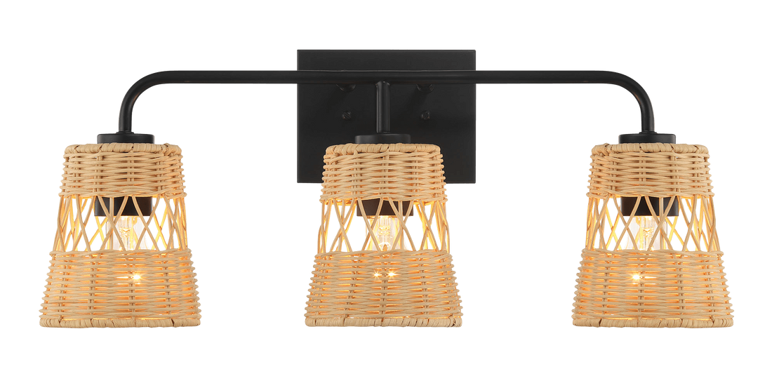 Moonlit Three Lights Wall Sconce With Rattan Shade, Bathroom Lighting Fixtures Over Mirror Black,Rattan Metal,Rattan