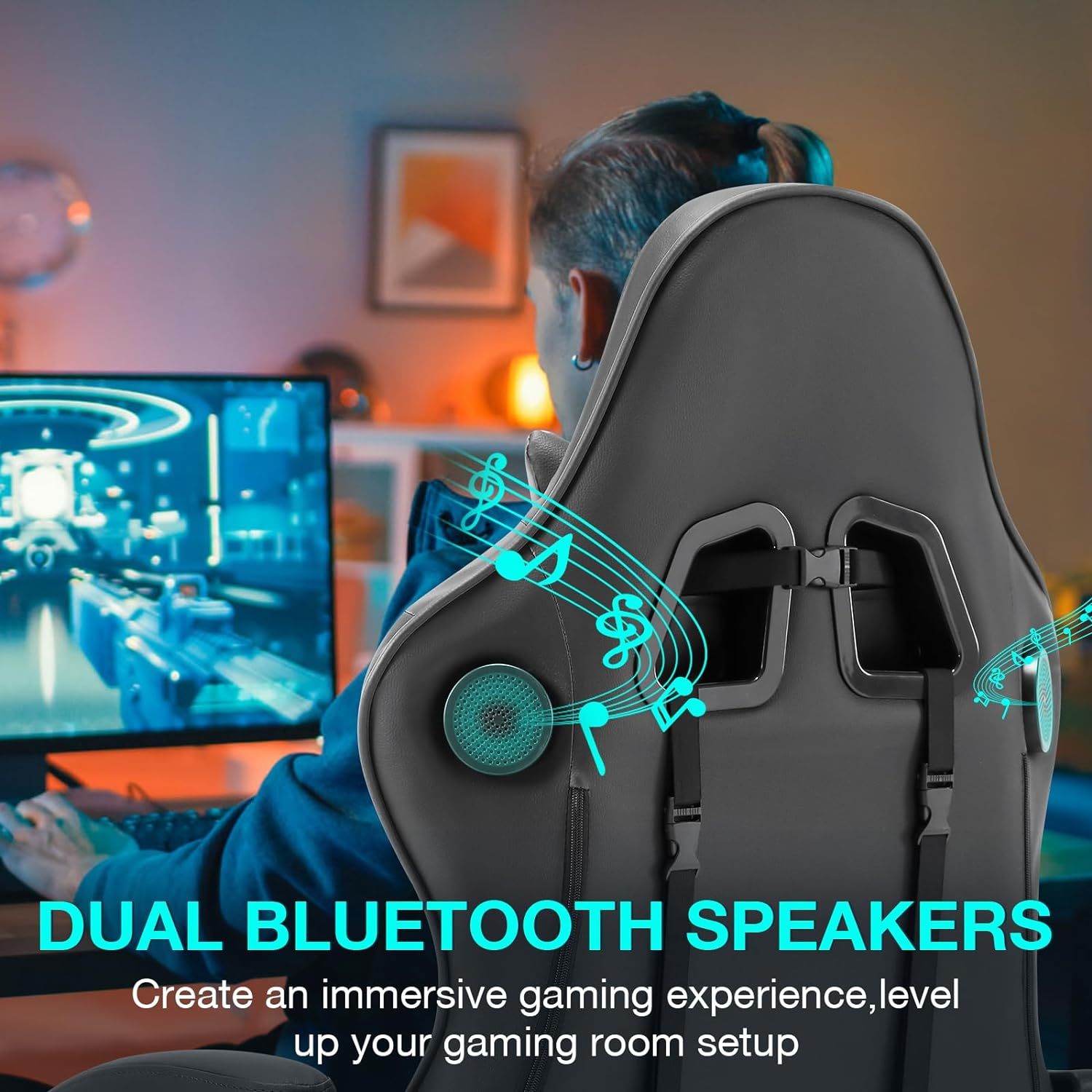 Gaming Chair With Speakers, High Back Computer Chair With Footrest, Lumbar Support And Headrest, Big And Tall Gamer Chairs With Heavy Duty Base Linkage Armrests For Adults Nylon Black Foam Faux Leather