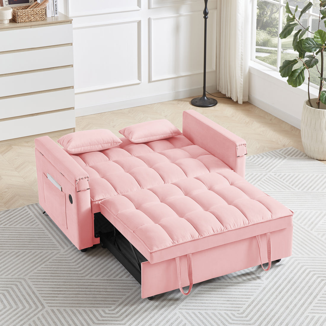 Convertible Sofa Bed In 3 Lengths, Modem Velvet Pulaut Bed, Adjustable Back And Wih Usb Port And Hidden Laptop Desk Table For Living Room, Smal Space,Pink Pink Velvet 2 Seat