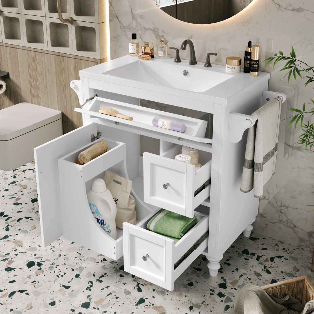 30'' Bathroom Vanity With Top Sink, Modern Bathroom Storage Cabinet With 2 Drawers And A Tip Out Drawer, Single Sink Bathroom Vanity Same As N710S130001K White Bathroom Modern Solid Wood Mdf Resin