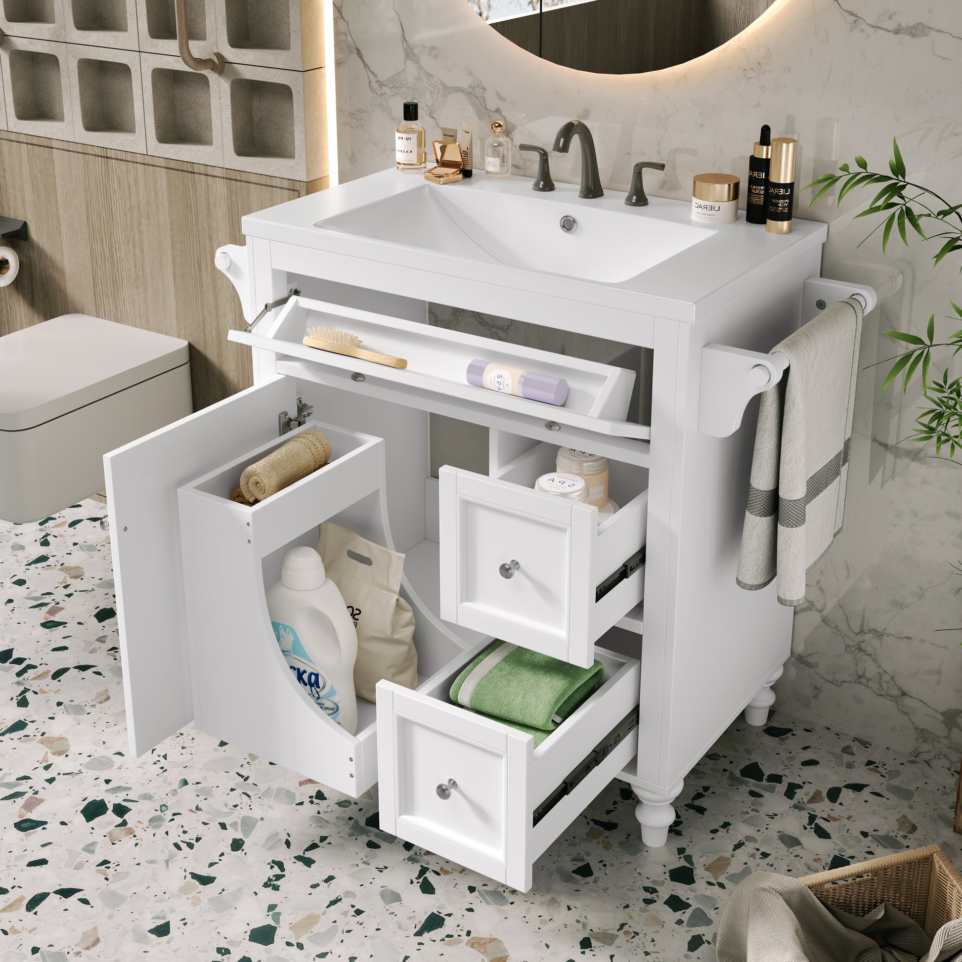 30'' Bathroom Vanity With Top Sink, Modern Bathroom Storage Cabinet With 2 Drawers And A Tip Out Drawer, Single Sink Bathroom Vanity Same As N710S130001K White Bathroom Modern Solid Wood Mdf Resin