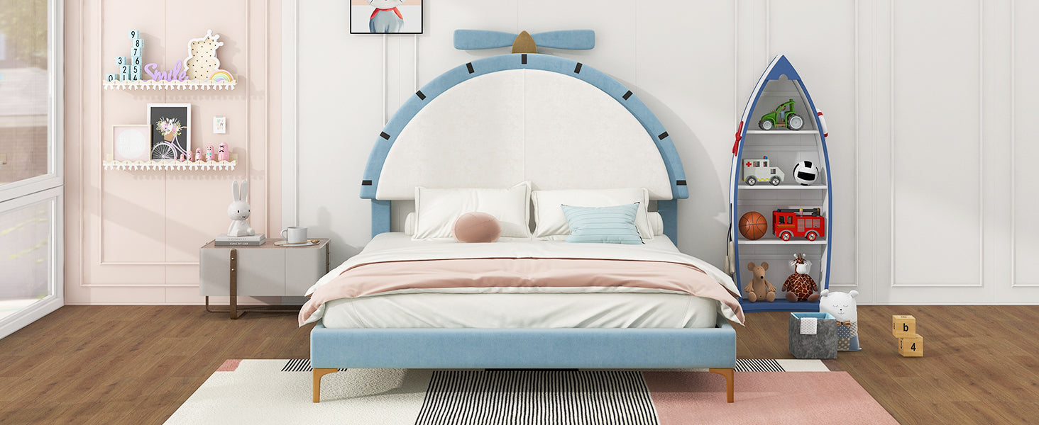 Full Size Upholstered Platform Bed With Alarm Clock Shaped Headboard, Blue Box Spring Not Required Full Blue Wood Bedroom Bed Frame Velvet Upholstered