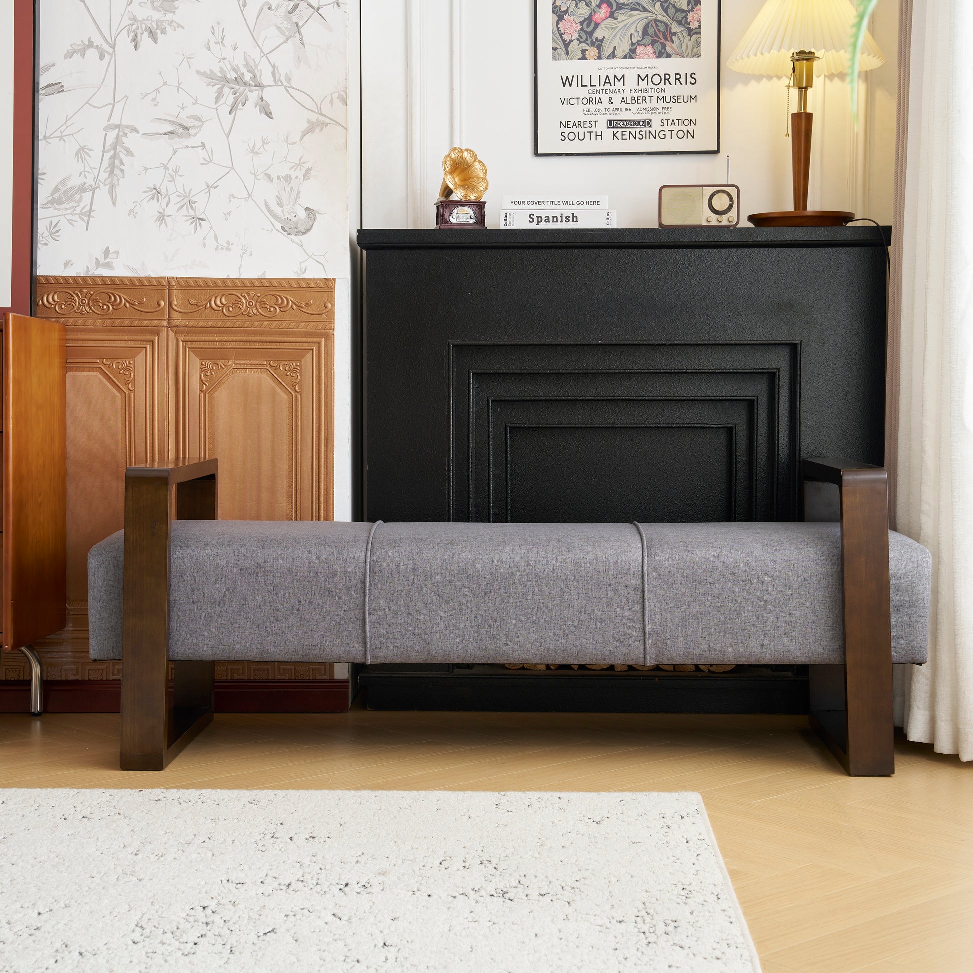 Sleek And Stylish Long Shaped Ottoman, Gray Grey Brown Brown Suede Polyester Grey Modern Rectangle Foam Polyester,Wood