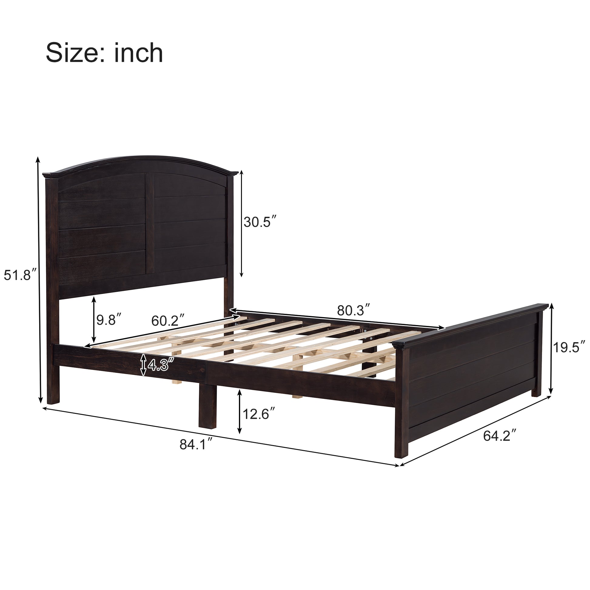 Farmhouse Wooden Platform Queen Size Bed With Curl Design Headboard And Footboard For Teenager, Espresso Queen Espresso Pine
