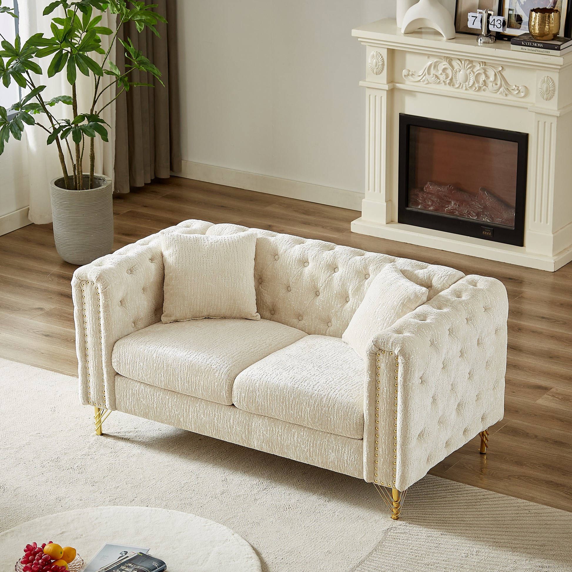 60 Inch Chenille Pull Buckle Design Sofa For Living Room,Buttons Tufted With Copper Nail Decoration Armrest, Modern Couch Upholstered Button And Metal Legs Beige Foam Chenille 2 Seat