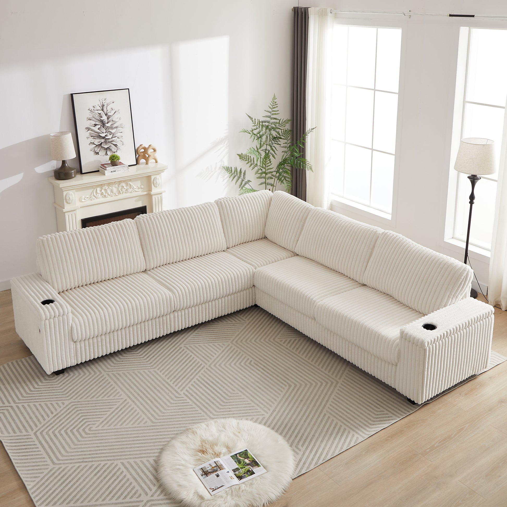 110 Inch Oversized Corduroy Corner Sofa,L Shaped Corner Couch With Two Storage Spaces,Usb Port & T Pyce Port And Cup Holderdeep Seat Comfy Upholstered Couches For Living Room Not Freely Combinable Beige Corduroy 5 Seat
