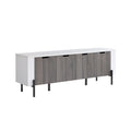 Tv Stand In White & Distressed Grey With Metal Legs, Four Door Cabinets, And Euro Hinges Spacious Three Cabinet Storage White Charcoal 60 69 Inches Mdf