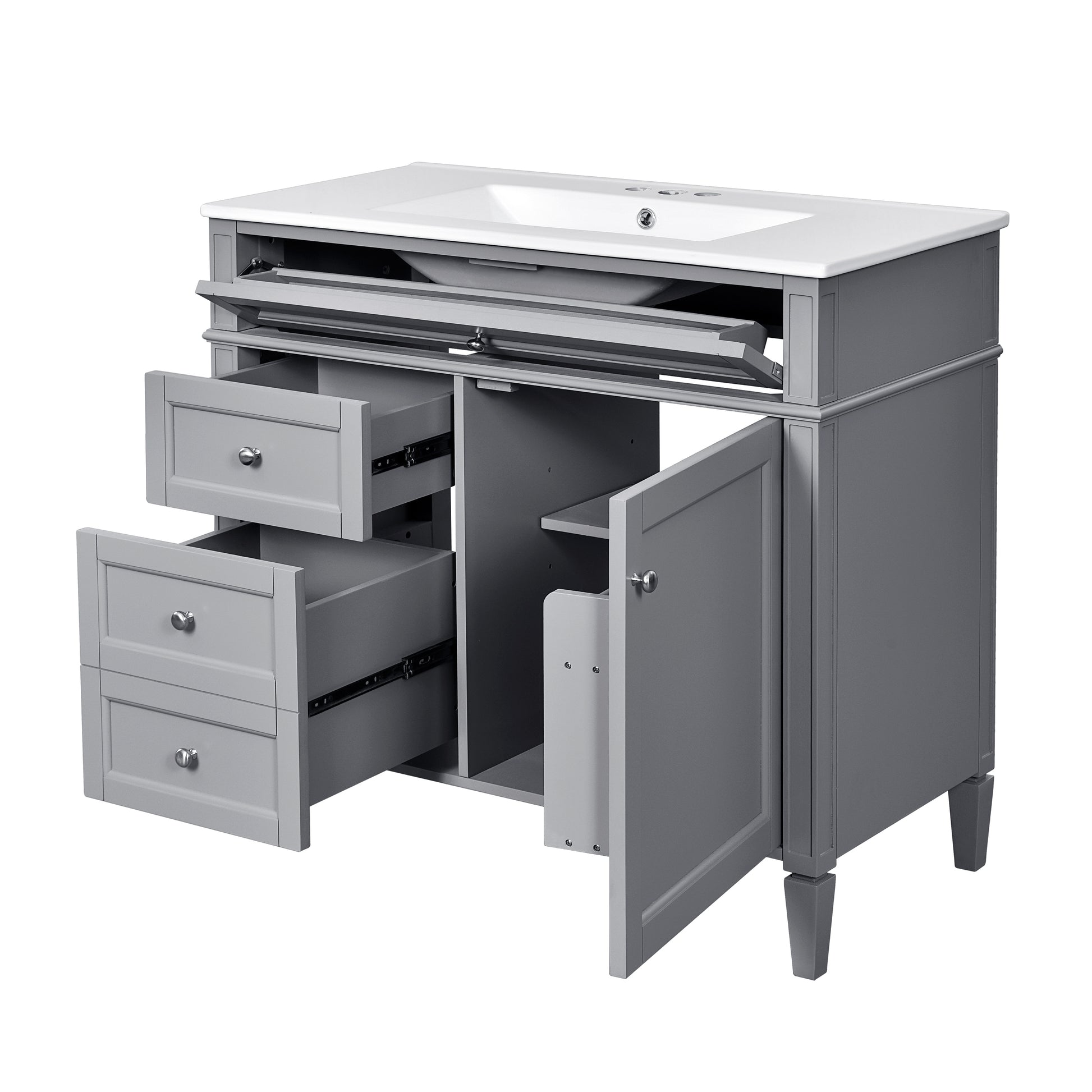 36'' Bathroom Vanity With Top Sink, Modern Bathroom Storage Cabinet With 2 Drawers And A Tip Out Drawer, Single Sink Bathroom Vanity Grey Bathroom Solid Wood Mdf Ceramic,Solid Wood Mdf