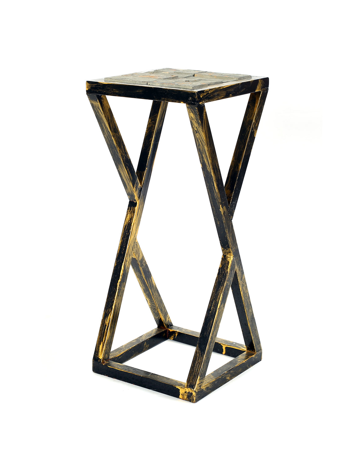 19.5" Grey Stone Slab Black Gold Plant Stand Multicolor Metal