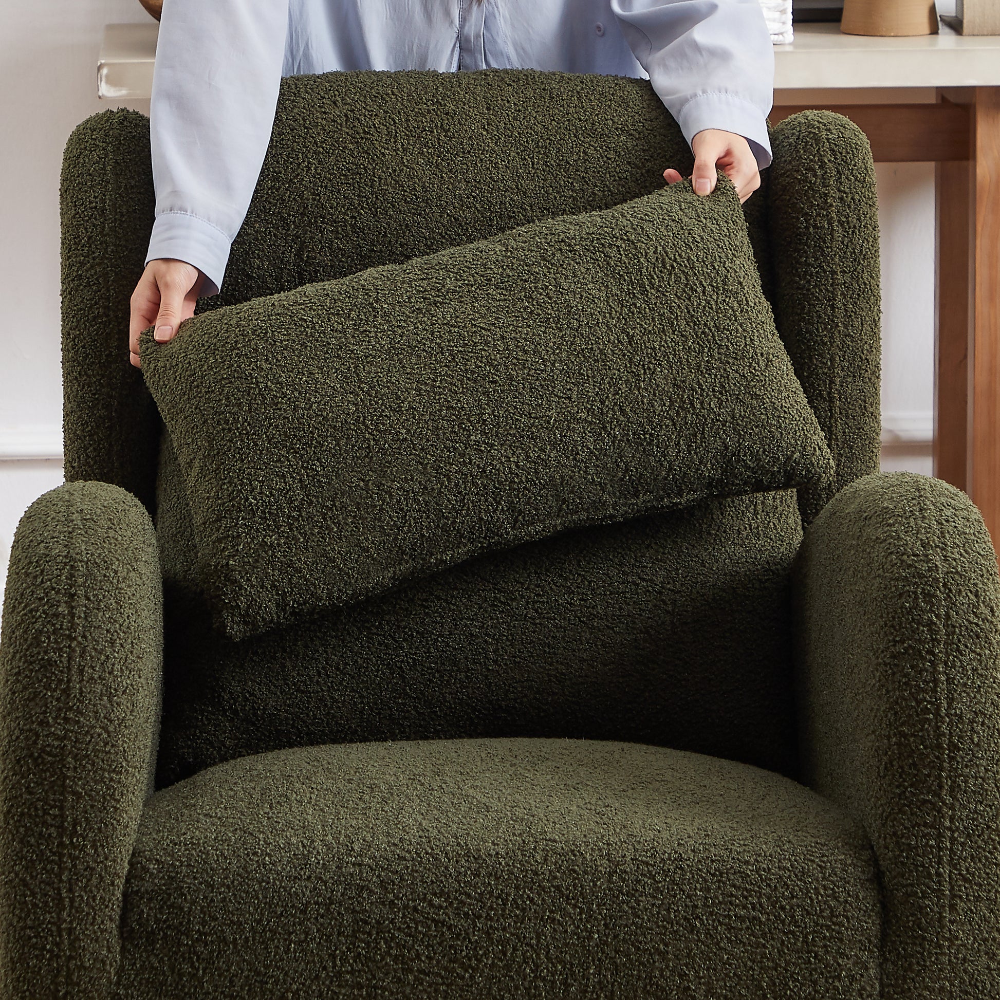 27.2"W Modern Accent High Backrest Living Room Lounge Arm Rocking Chair, Two Side Pocket Army Green Foam Fabric